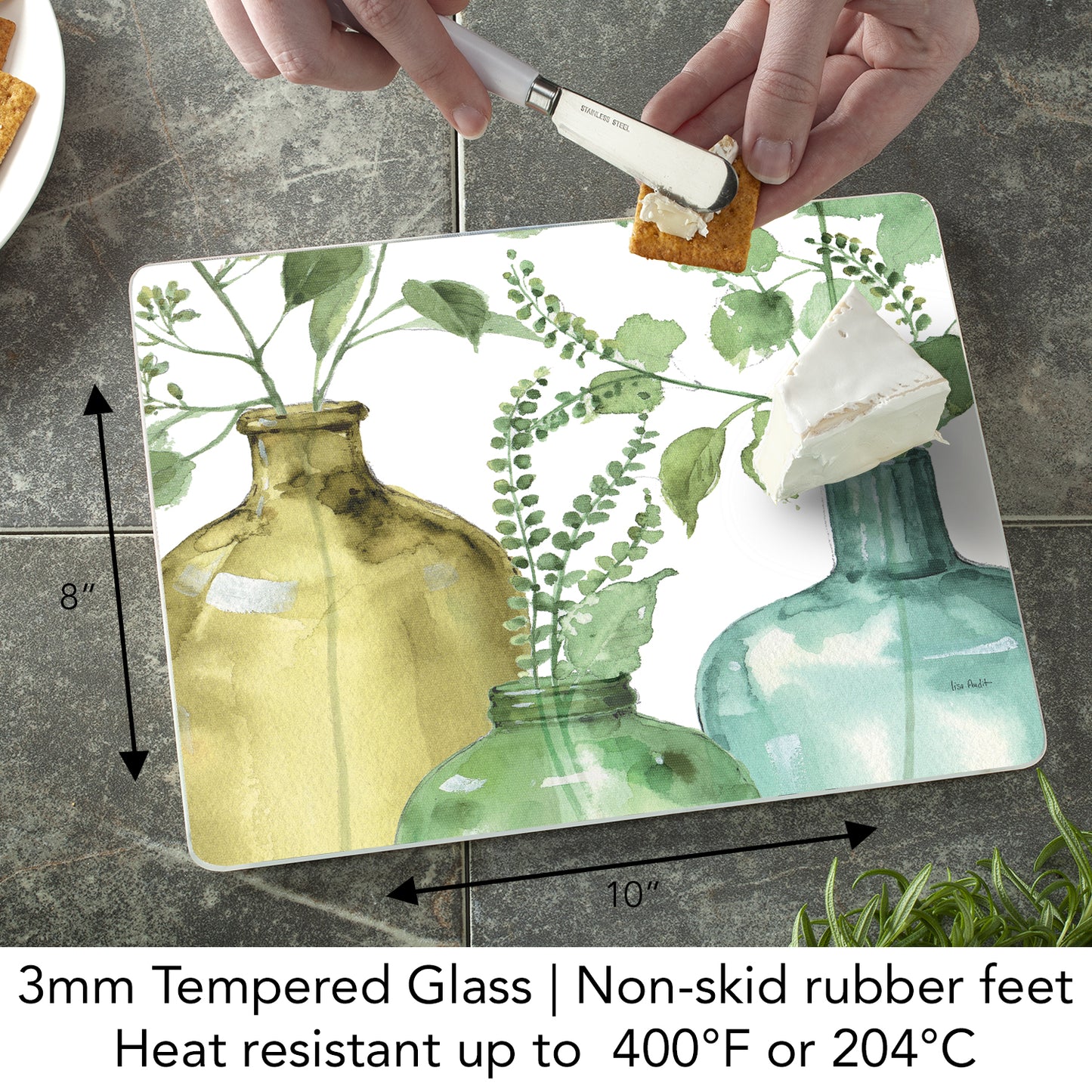 CounterArt Greenery 3mm Tempered Glass Cutting Board 10” x 8” Manufactured in the USA