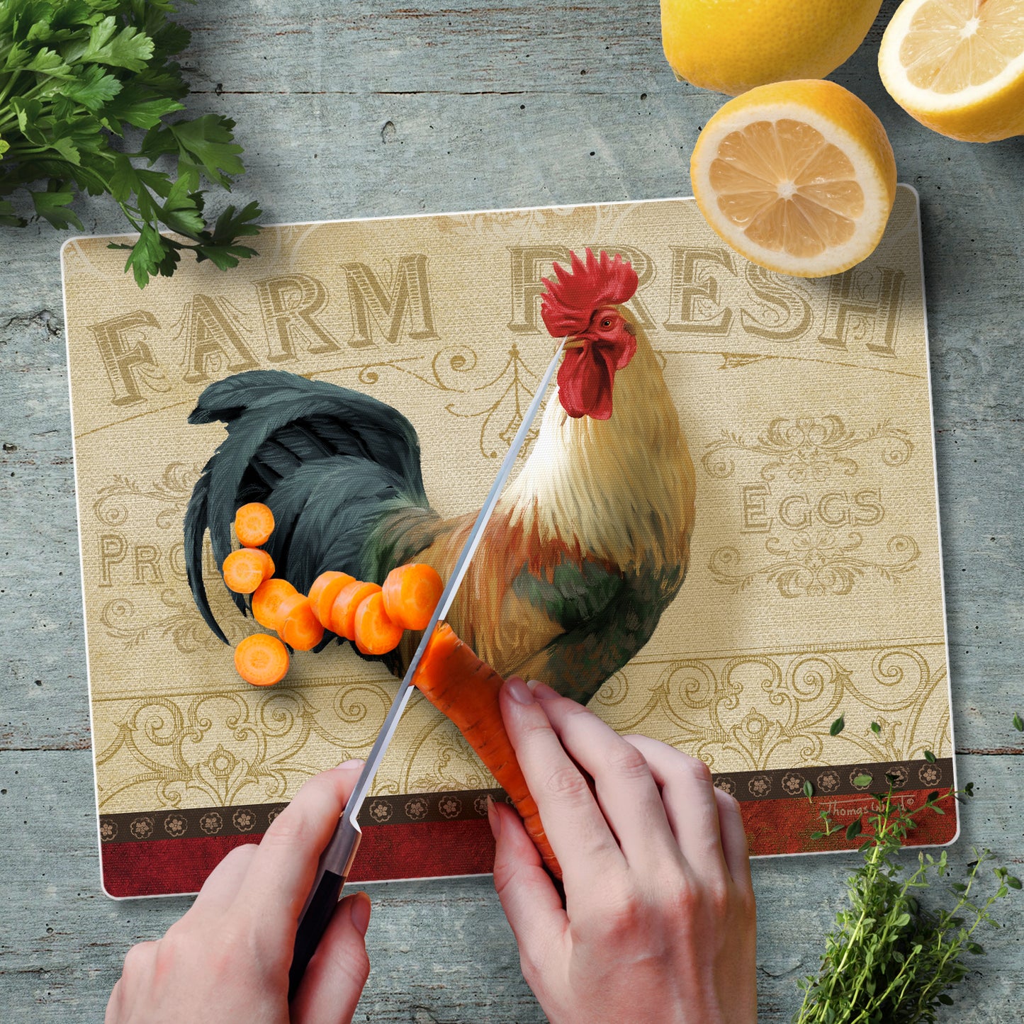 CounterArt Farm Fresh Rooster 3mm Tempered Glass Cutting Board 10” x 8” Manufactured in the USA