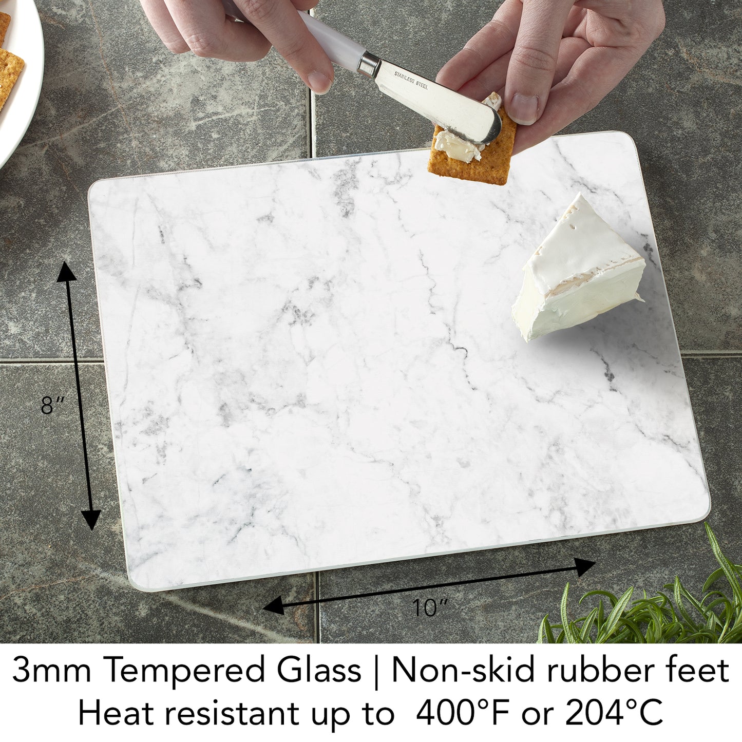 CounterArt White Marble Design 3mm Tempered Glass Cutting Board 10” x 8” Manufactured in the USA