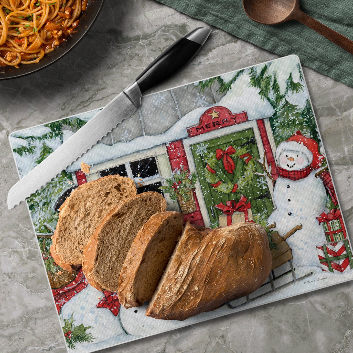 CounterArt Snowman's Farmhouse 3mm Tempered Glass Cutting Board 10” x 8” Manufactured in the USA