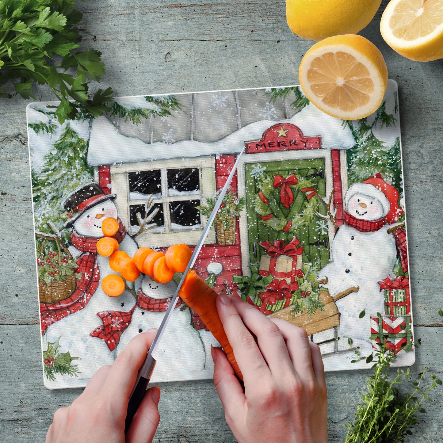 CounterArt Snowman's Farmhouse 3mm Tempered Glass Cutting Board 10” x 8” Manufactured in the USA
