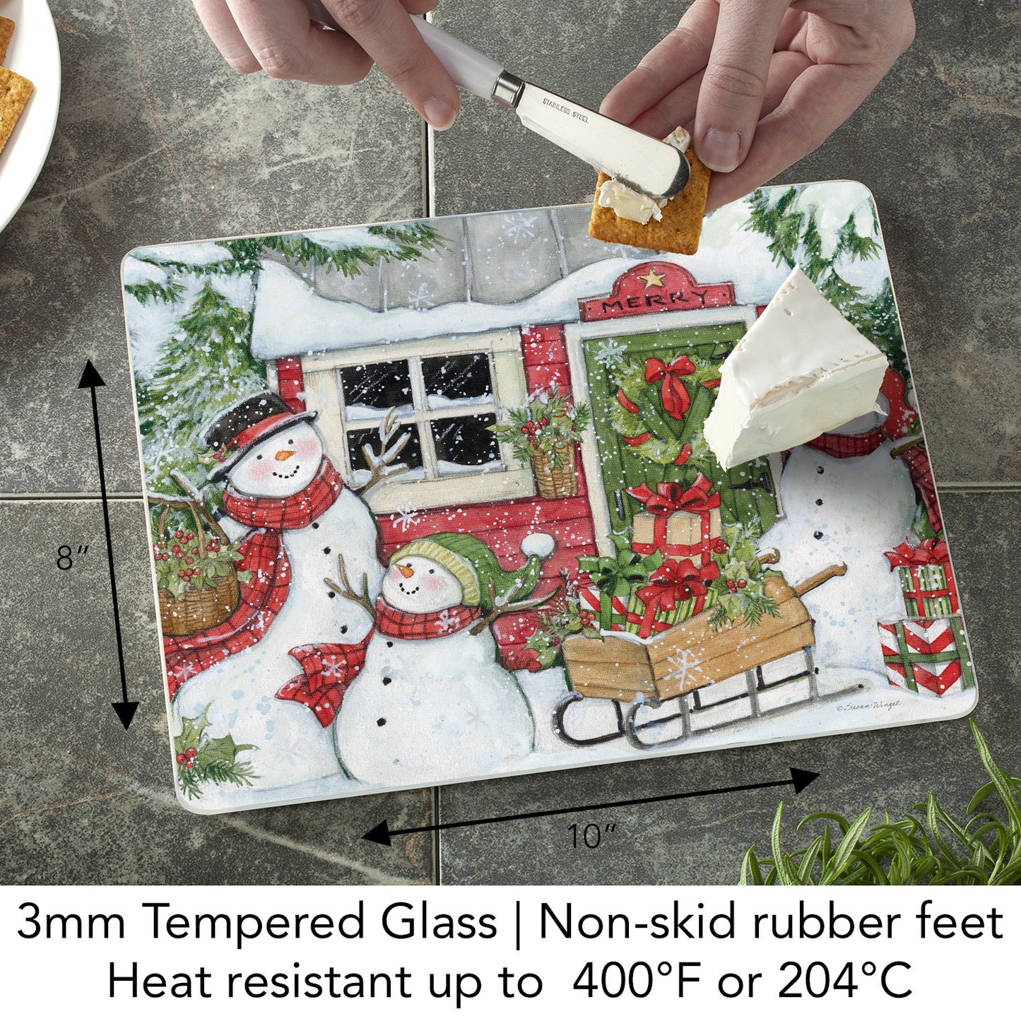 CounterArt Snowman's Farmhouse 3mm Tempered Glass Cutting Board 10” x 8” Manufactured in the USA