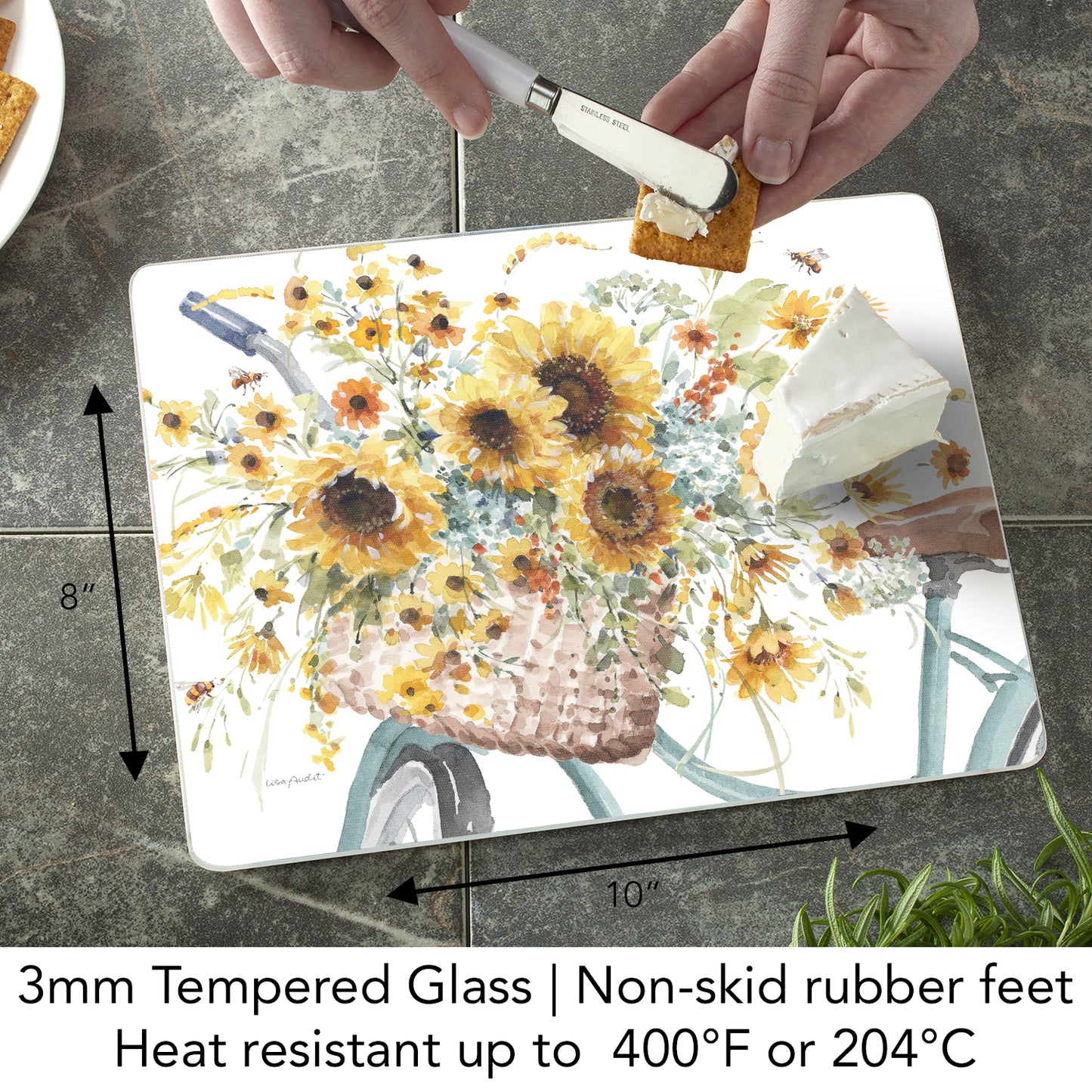 CounterArt Sunflowers Forever 3mm Tempered Glass Cutting Board 10” x 8” Manufactured in the USA