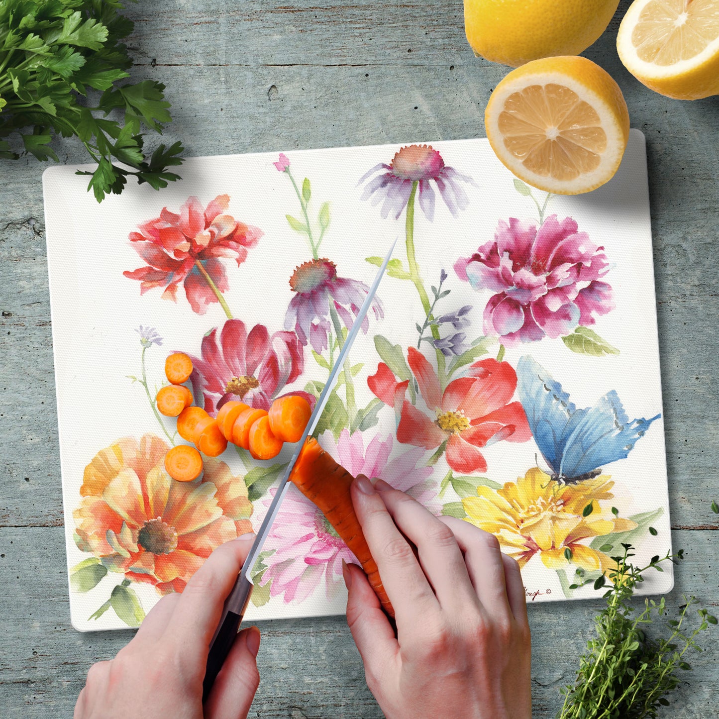 CounterArt Butterfly Meadow 3mm Tempered Glass Cutting Board 10” x 8” Manufactured in the USA