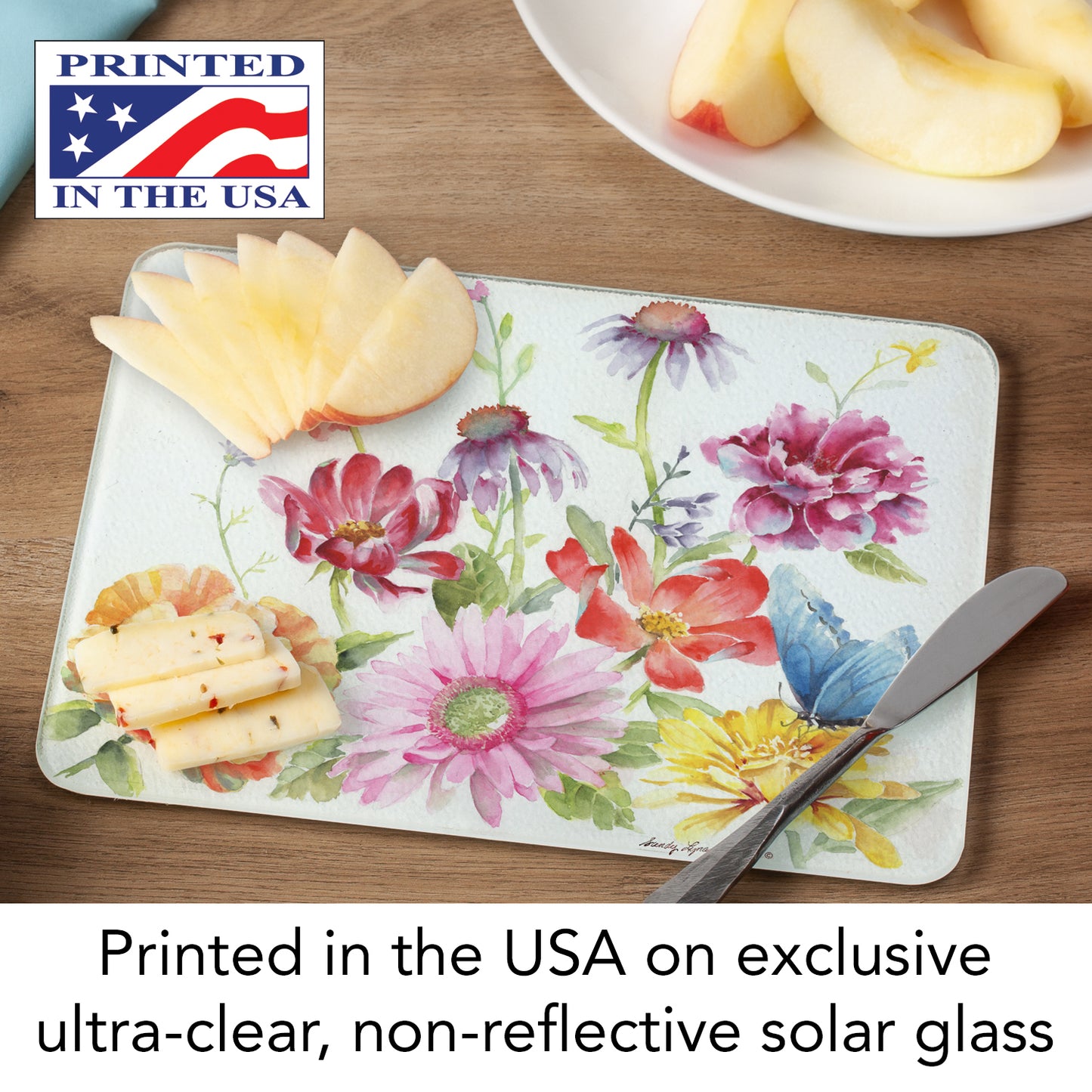 CounterArt Butterfly Meadow 3mm Tempered Glass Cutting Board 10” x 8” Manufactured in the USA