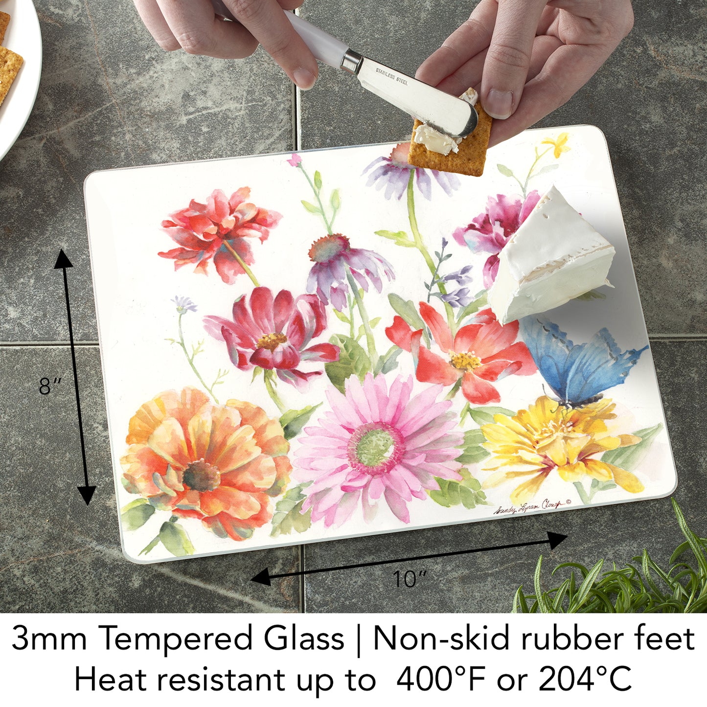 CounterArt Butterfly Meadow 3mm Tempered Glass Cutting Board 10” x 8” Manufactured in the USA
