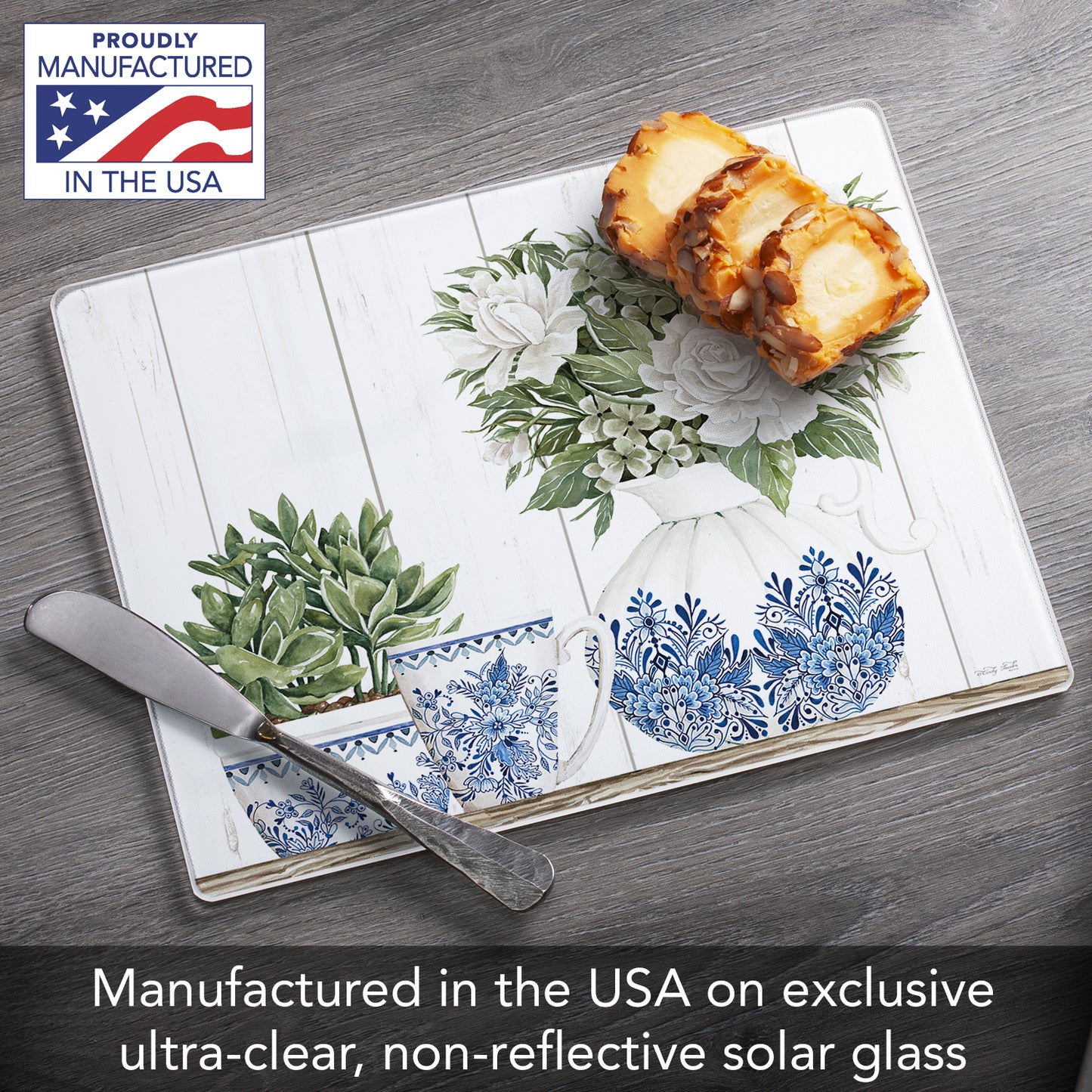 CounterArt Blue & White Pottery 3mm Tempered Glass Cutting Board 10" x 8" Manufactured in the USA