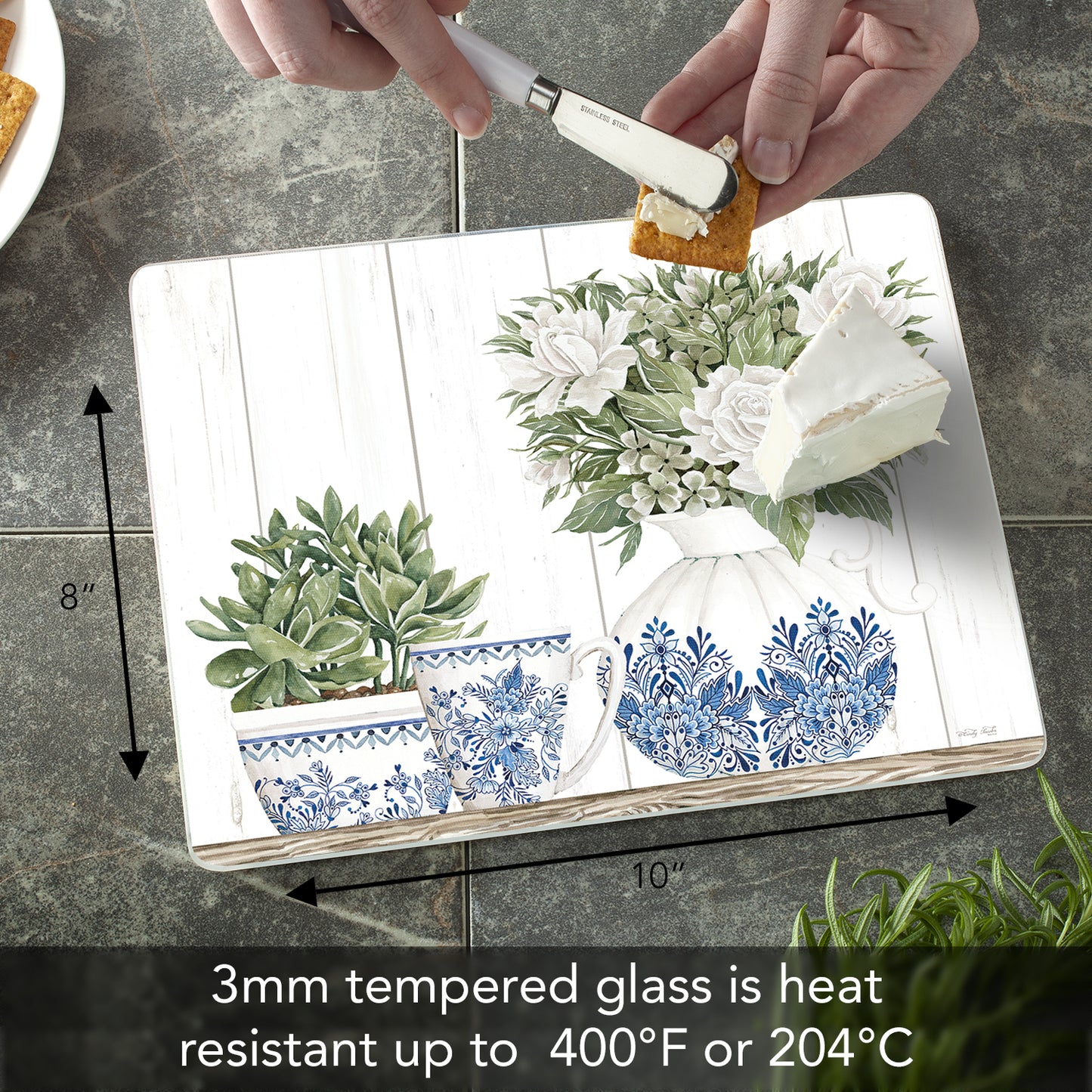 CounterArt Blue & White Pottery 3mm Tempered Glass Cutting Board 10" x 8" Manufactured in the USA
