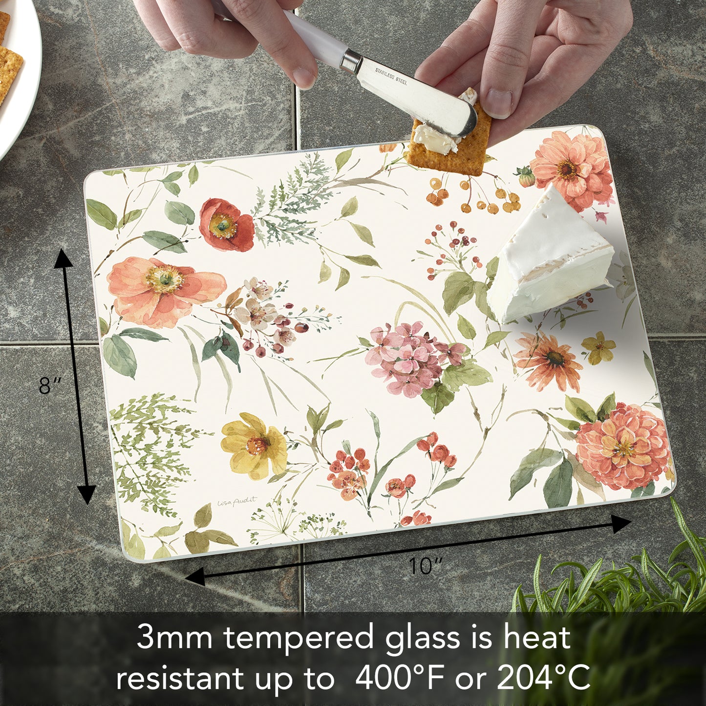 CounterArt Blessed by Nature 3mm Tempered Glass Cutting Board 10" x 8" Manufactured in the USA
