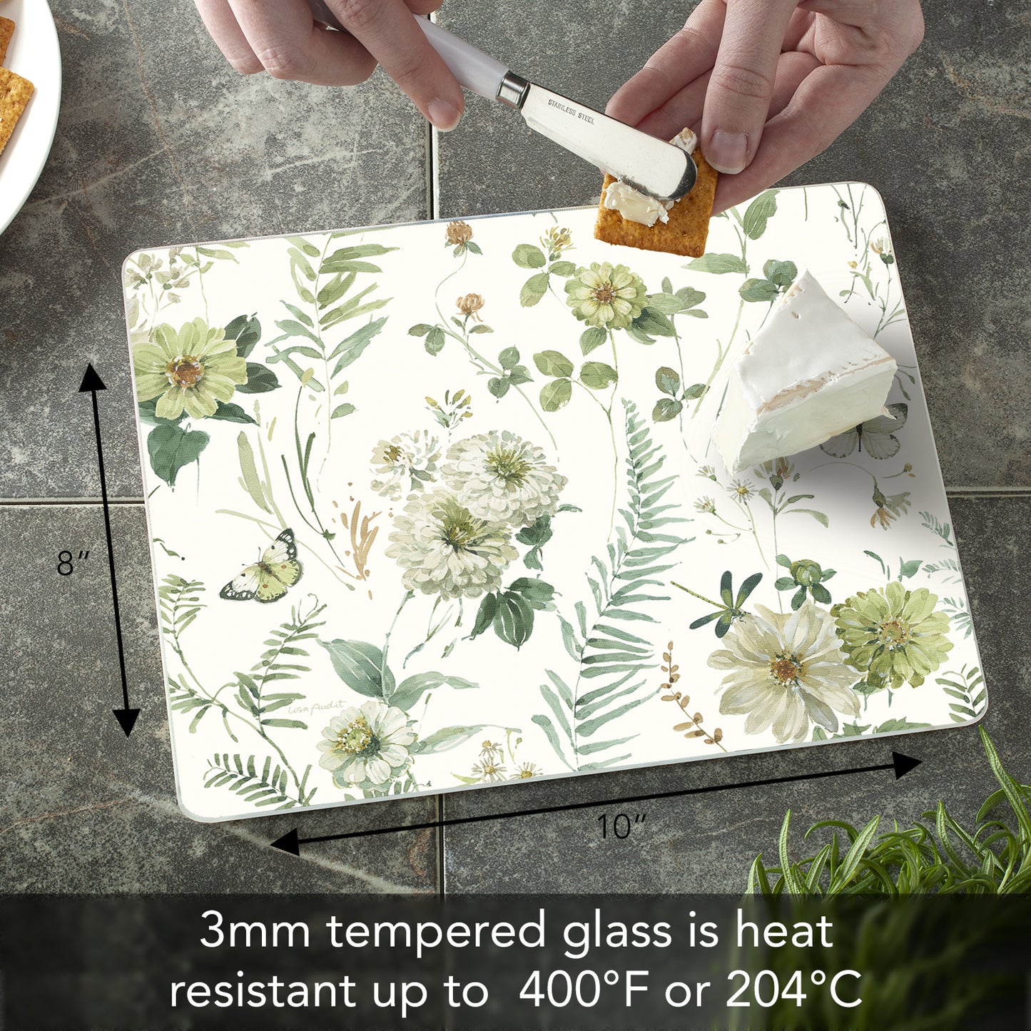 CounterArt Green Fields 3mm Tempered Glass Cutting Board 10" x 8" Manufactured in the USA