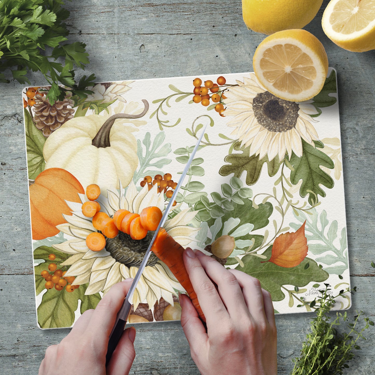 CounterArt Farmhouse Fall 3mm Tempered Glass Cutting Board 10" x 8" Manufactured in the USA