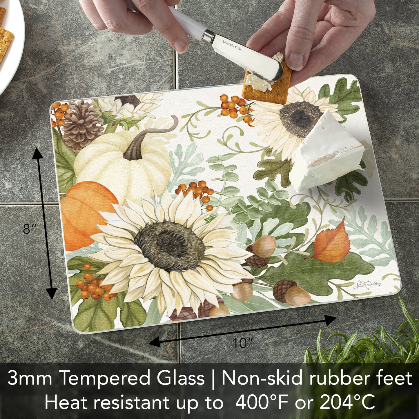 CounterArt Farmhouse Fall 3mm Tempered Glass Cutting Board 10" x 8" Manufactured in the USA