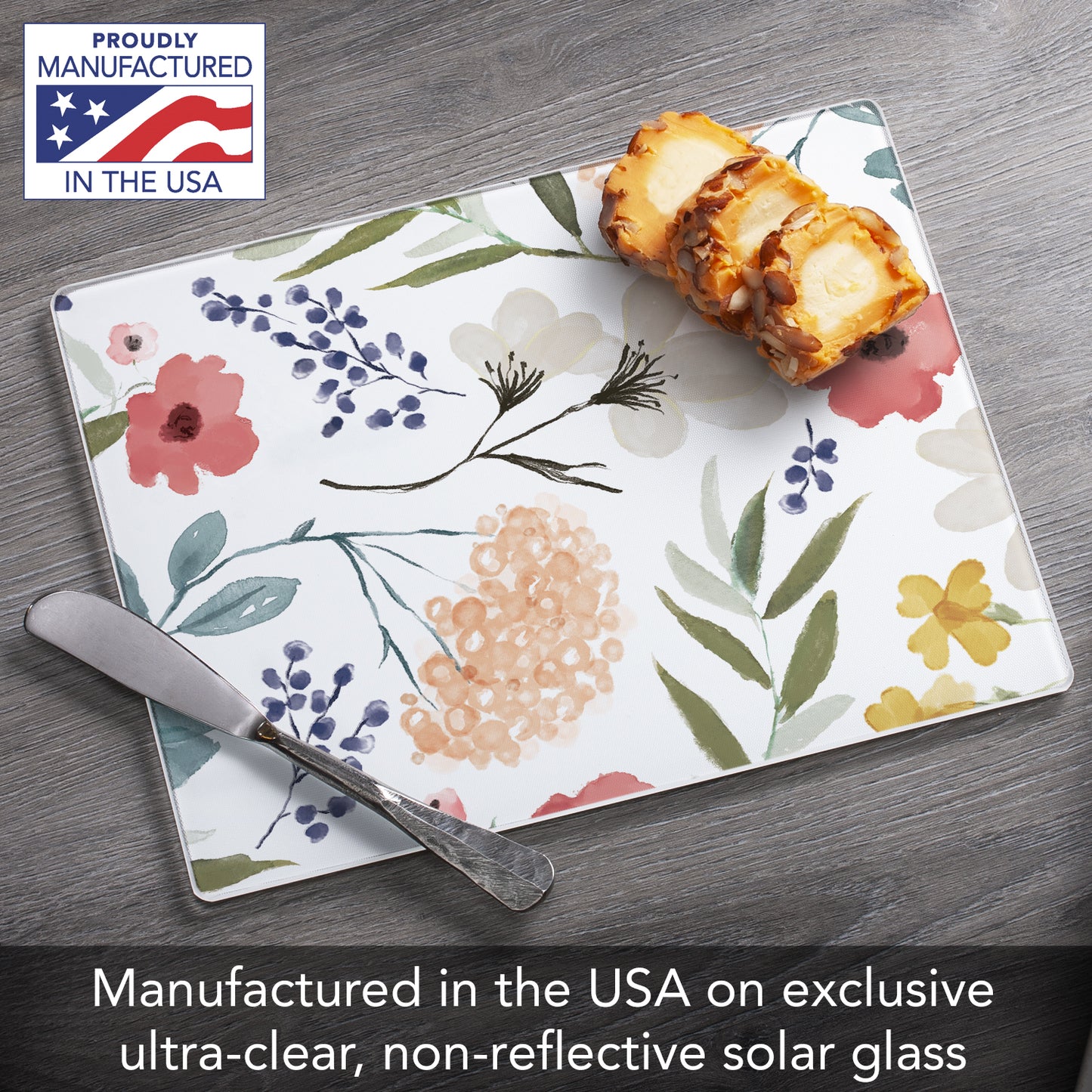 CounterArt Meadow Floral 3mm Tempered Glass Cutting Board 10” x 8” Manufactured in the USA