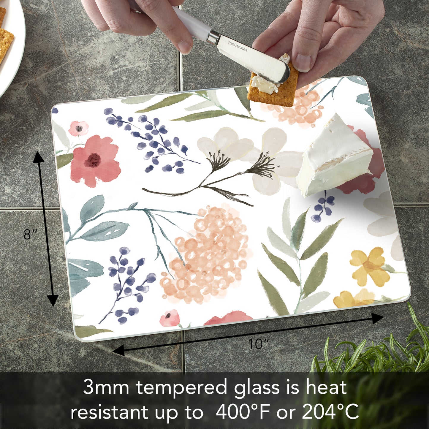 CounterArt Meadow Floral 3mm Tempered Glass Cutting Board 10” x 8” Manufactured in the USA