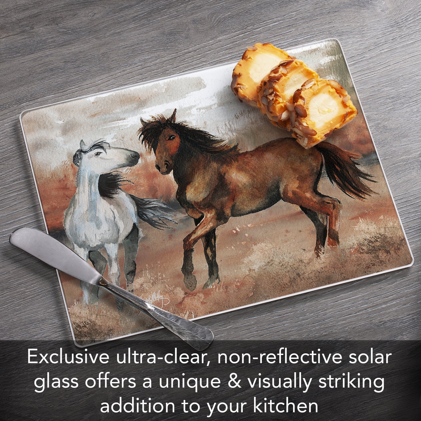 CounterArt Southwest Horses 3mm Tempered Glass Cutting Board 10” x 8” Manufactured in the USA