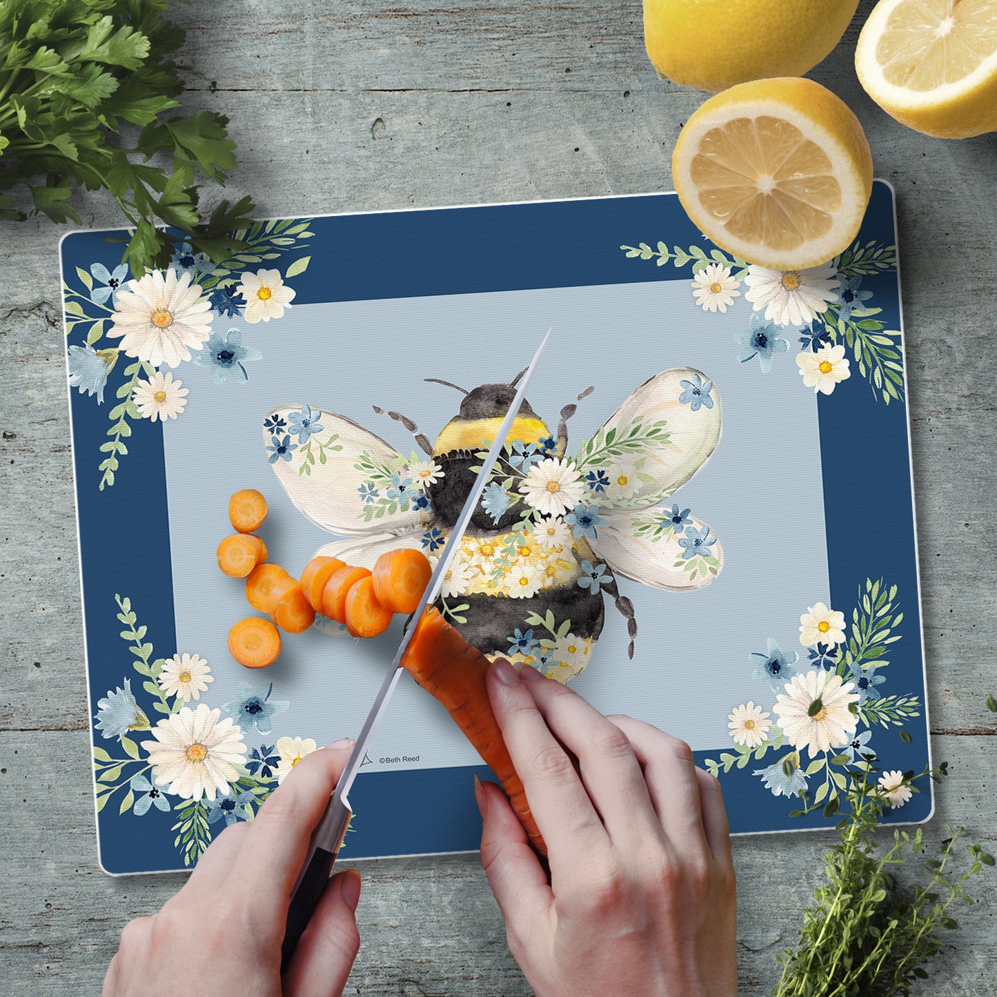 CounterArt Beautiful Bee 3mm Tempered Glass Cutting Board 10” x 8” Manufactured in the USA