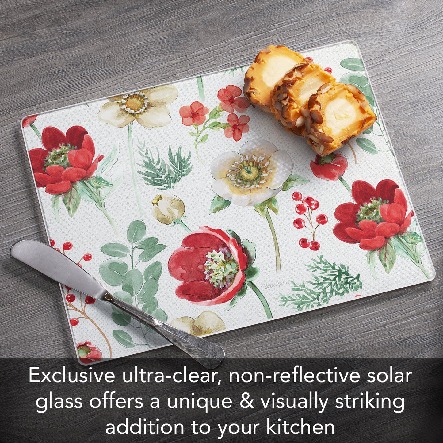 CounterArt Floral Traditions 3mm Tempered Glass Cutting Board 10” x 8” Manufactured in the USA