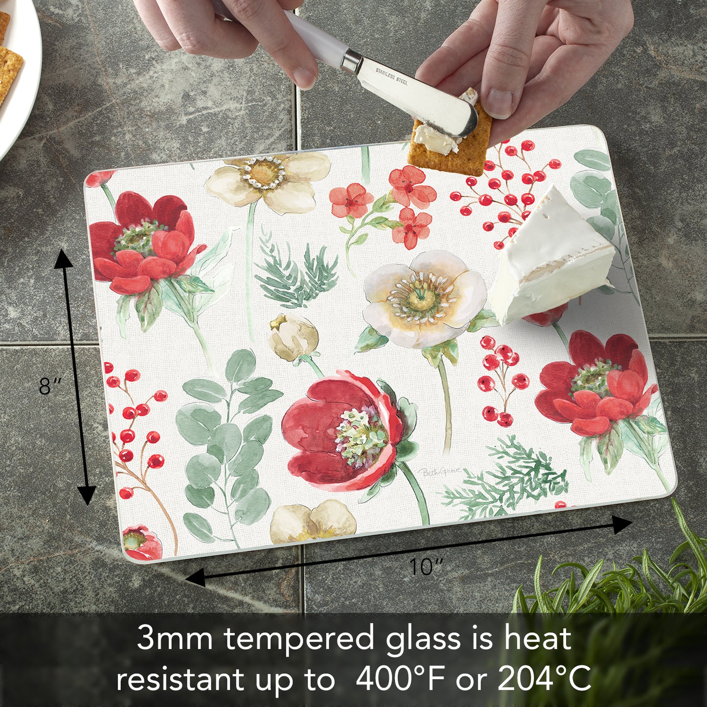 CounterArt Floral Traditions 3mm Tempered Glass Cutting Board 10” x 8” Manufactured in the USA