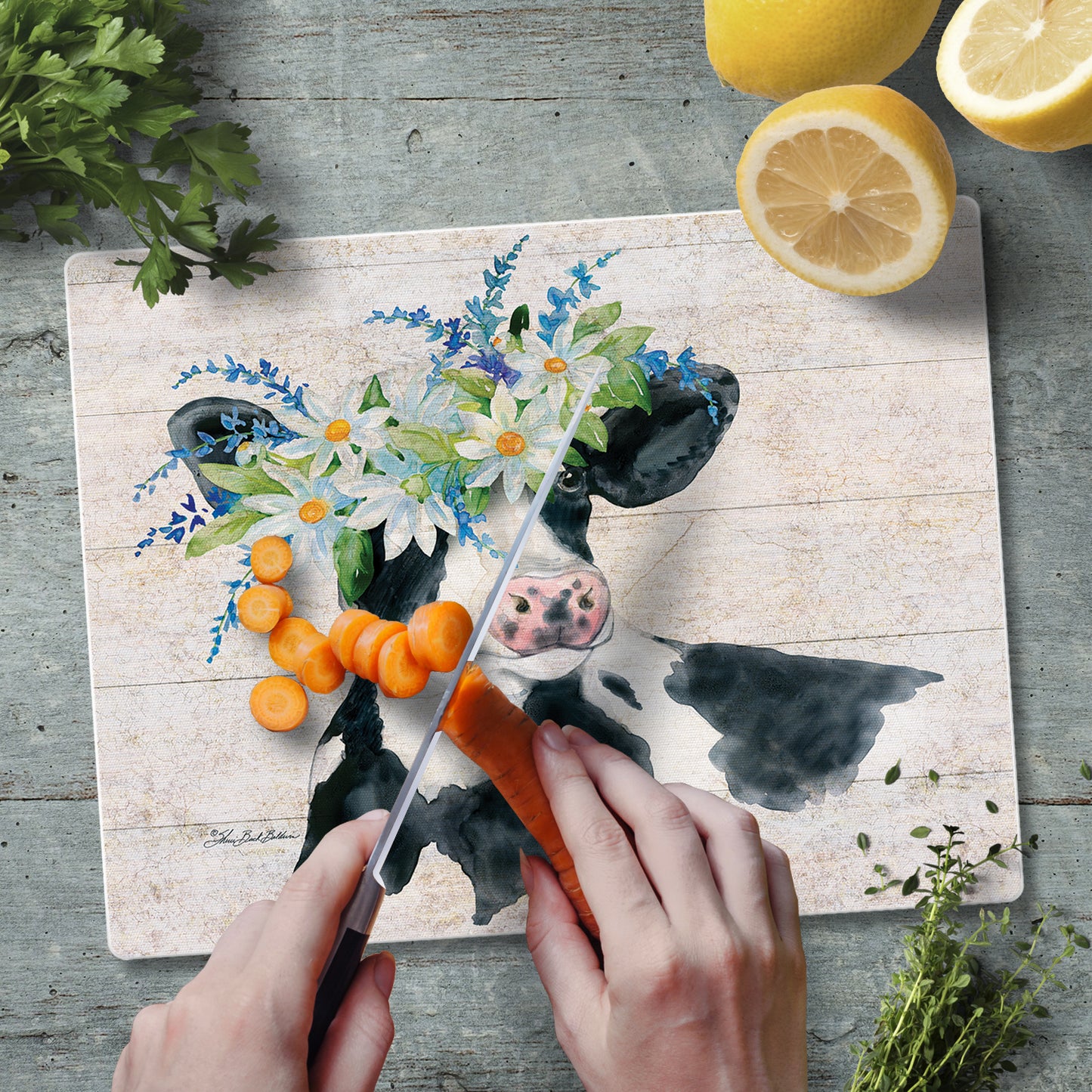 CounterArt Spring Cow 3mm Tempered Glass Cutting Board 10” x 8” Manufactured in the USA
