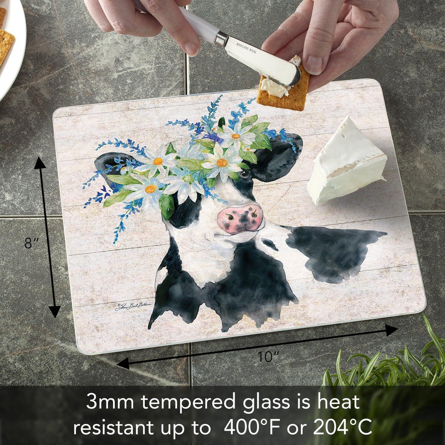 CounterArt Spring Cow 3mm Tempered Glass Cutting Board 10” x 8” Manufactured in the USA