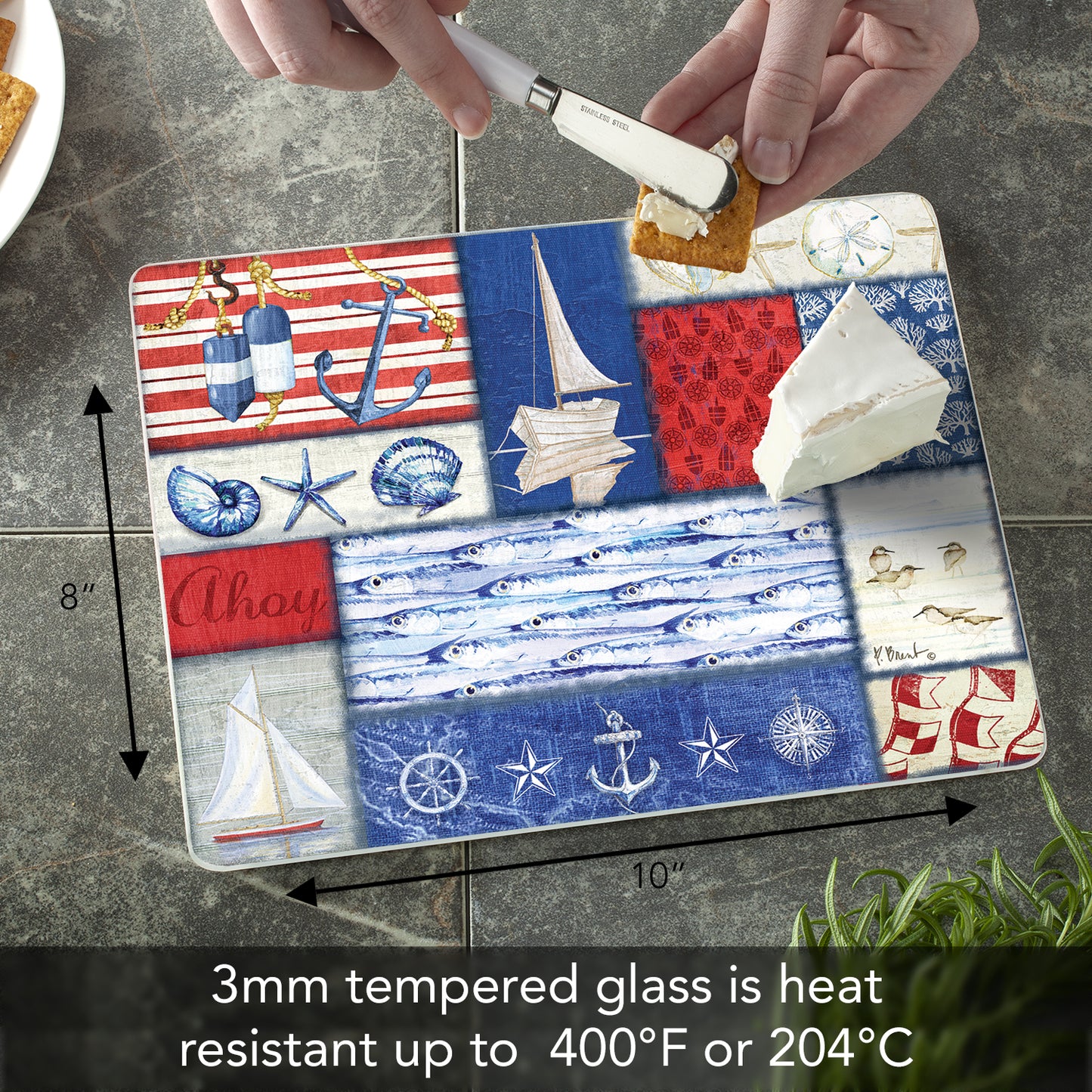 CounterArt Nautical Fragments 3mm Tempered Glass Cutting Board 10” x 8” Manufactured in the USA
