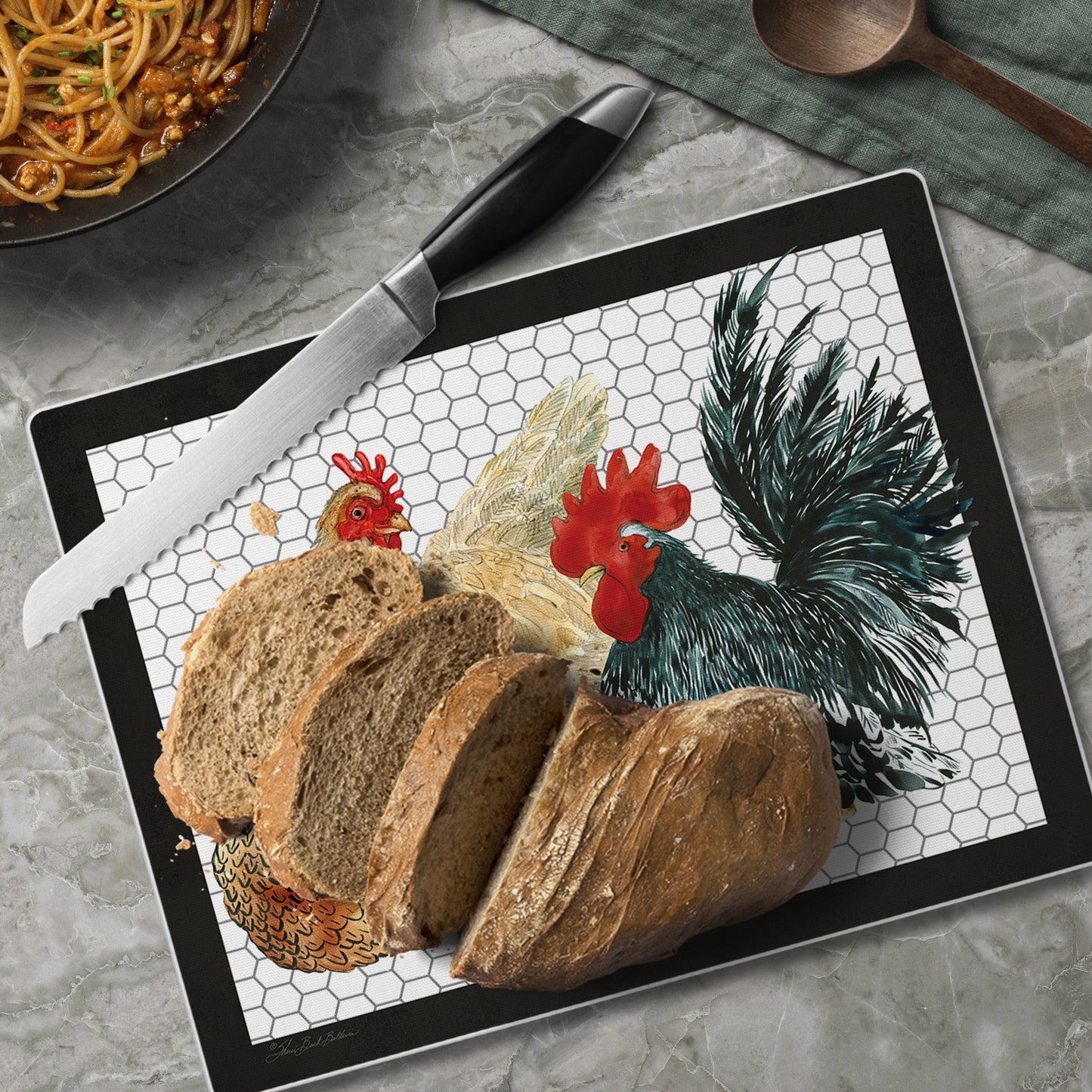 CounterArt Whimsical Roosters 3mm Tempered Glass Cutting Board 10” x 8” Manufactured in the USA