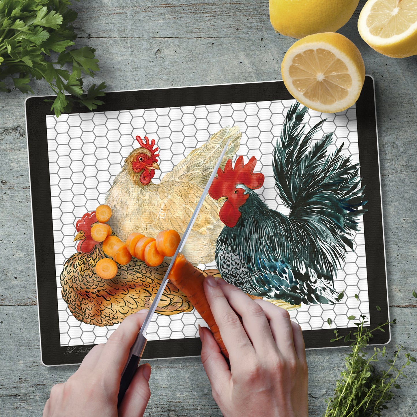 CounterArt Whimsical Roosters 3mm Tempered Glass Cutting Board 10” x 8” Manufactured in the USA