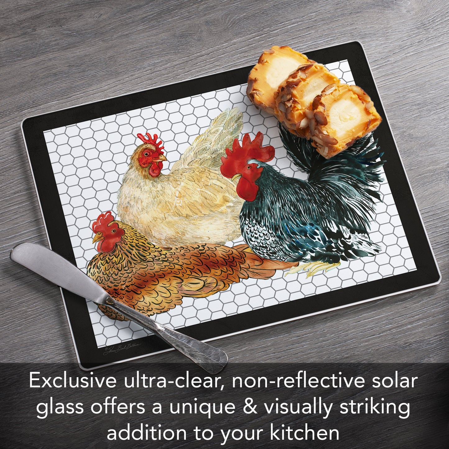 CounterArt Whimsical Roosters 3mm Tempered Glass Cutting Board 10” x 8” Manufactured in the USA
