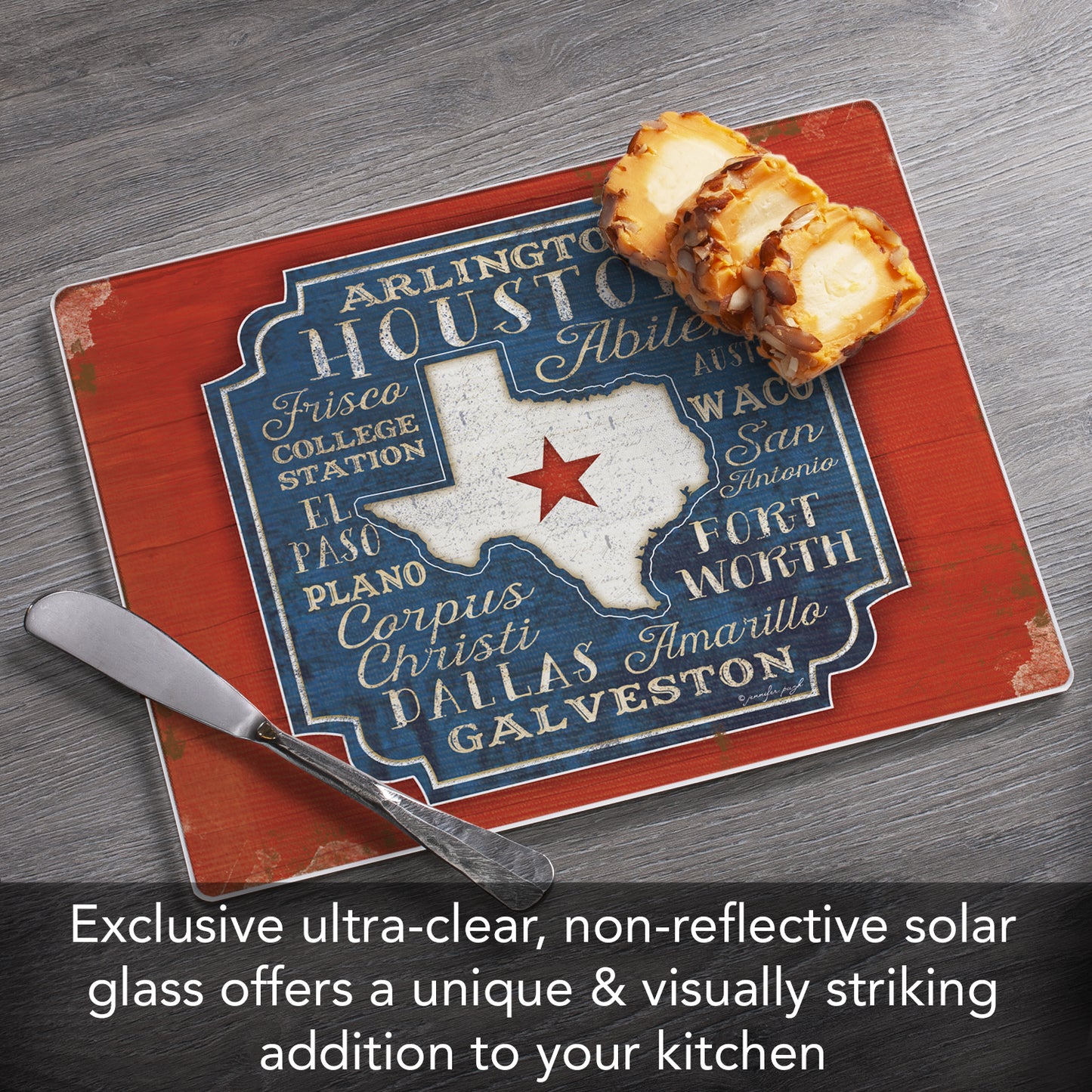 CounterArt Texas Cities 3mm Tempered Glass Cutting Board 10” x 8” Manufactured in the USA