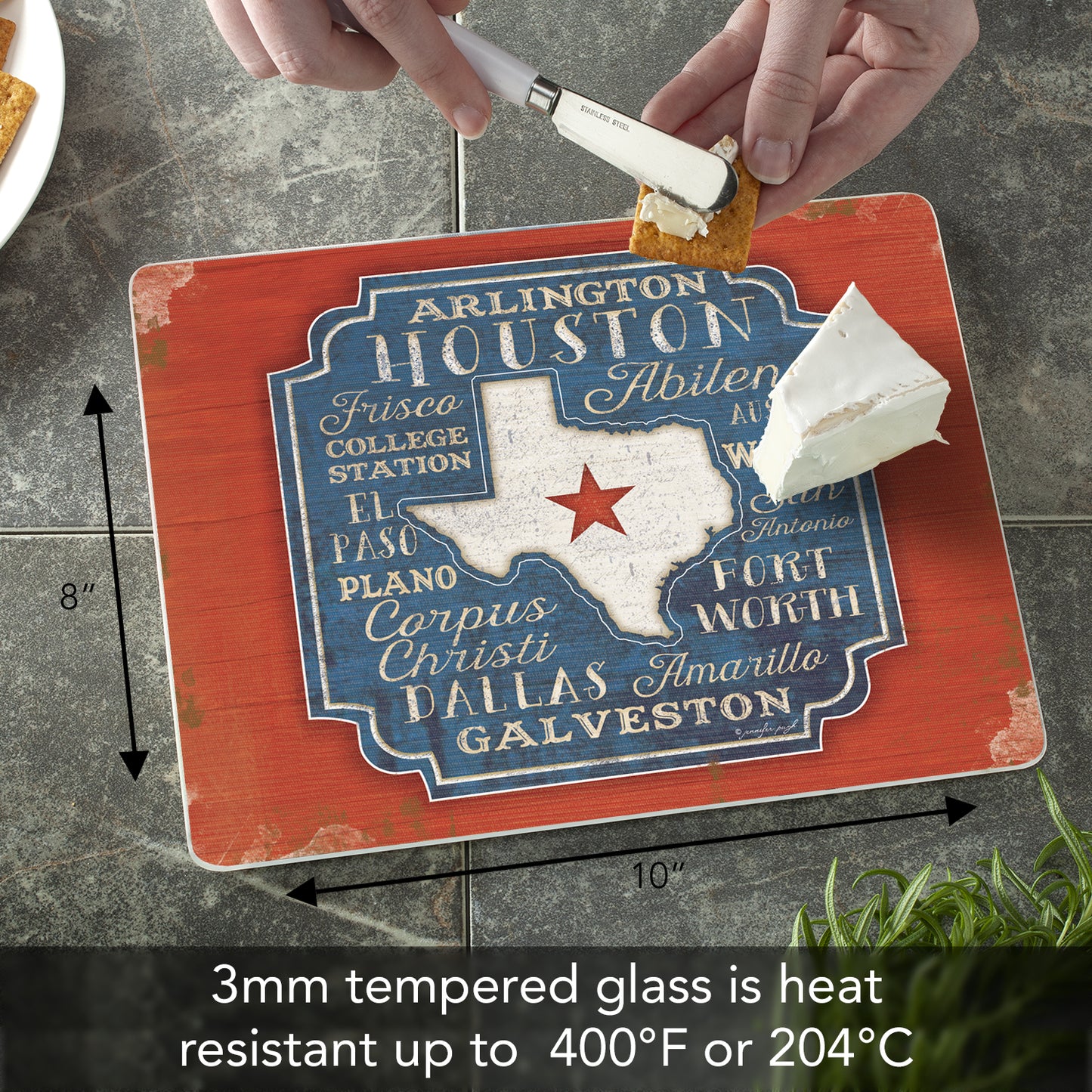 CounterArt Texas Cities 3mm Tempered Glass Cutting Board 10” x 8” Manufactured in the USA