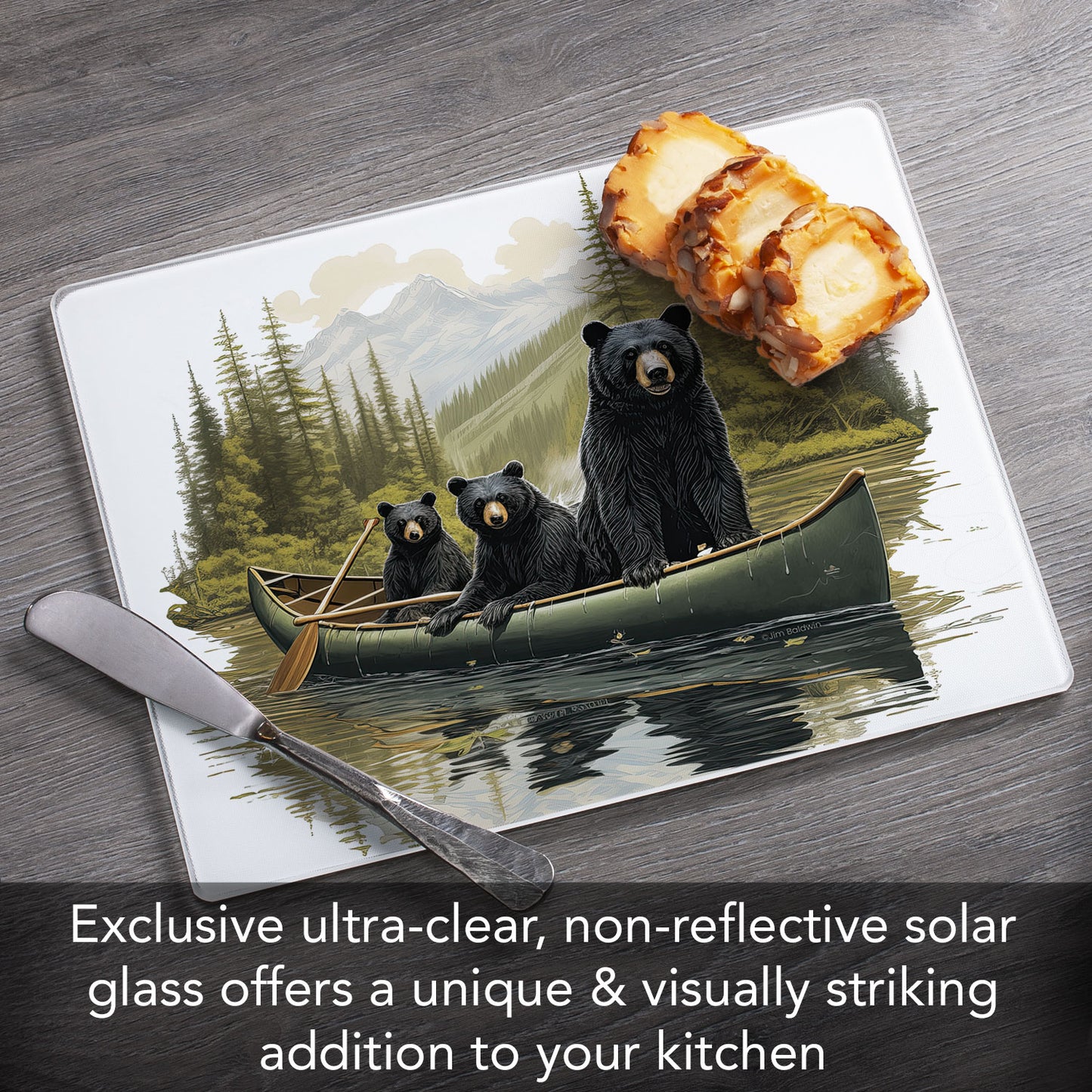 CounterArt Black Bear Canoe 3mm Tempered Glass Cutting Board 10” x 8” Manufactured in the USA