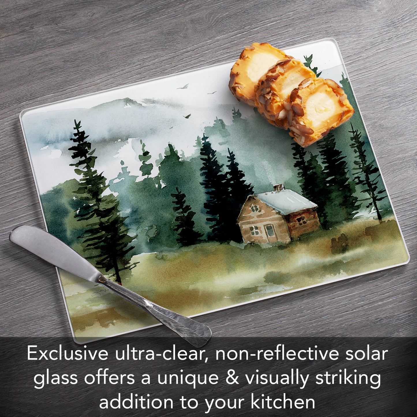 CounterArt Cabin in the Woods 3mm Tempered Glass Cutting Board 10” x 8” Manufactured in the USA