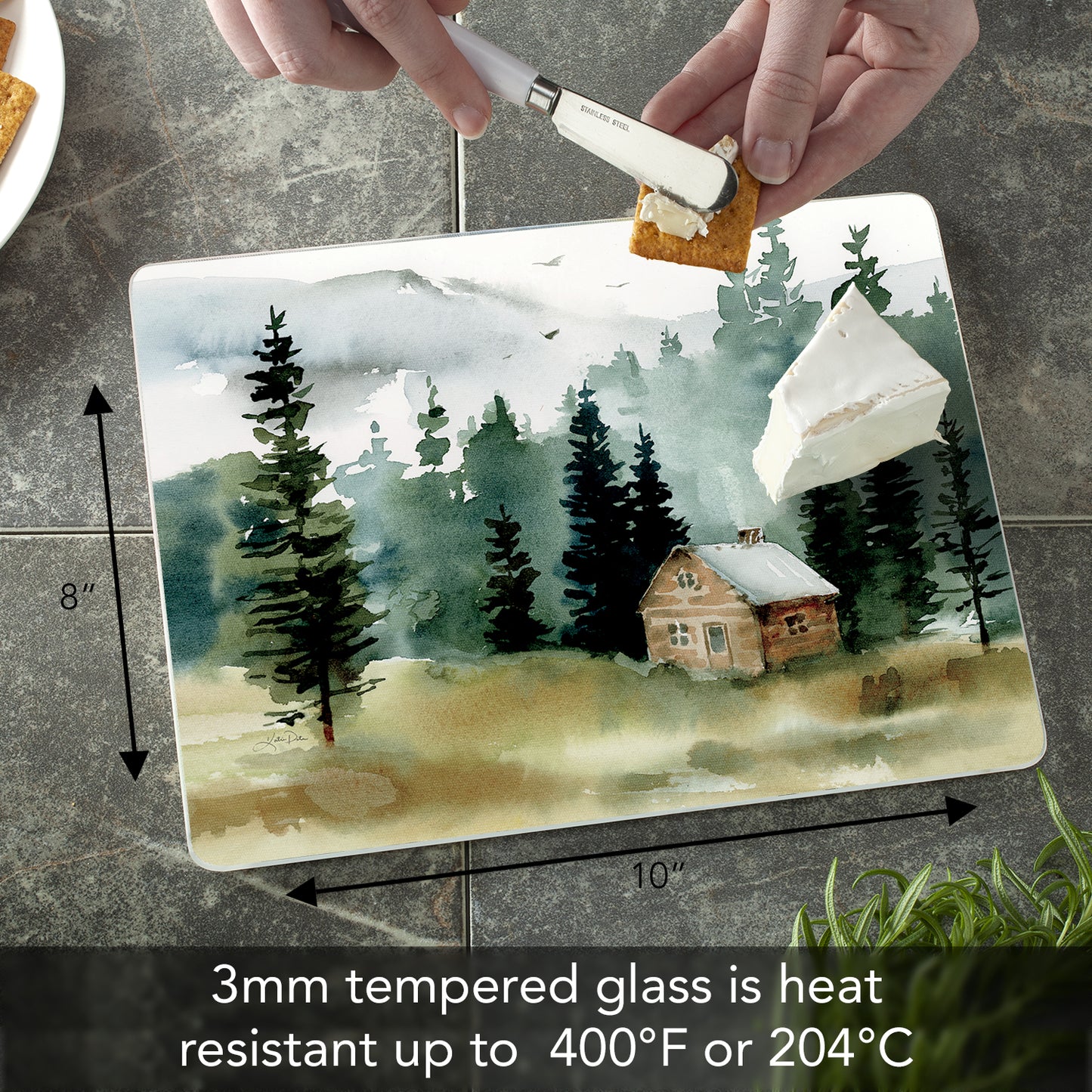 CounterArt Cabin in the Woods 3mm Tempered Glass Cutting Board 10” x 8” Manufactured in the USA