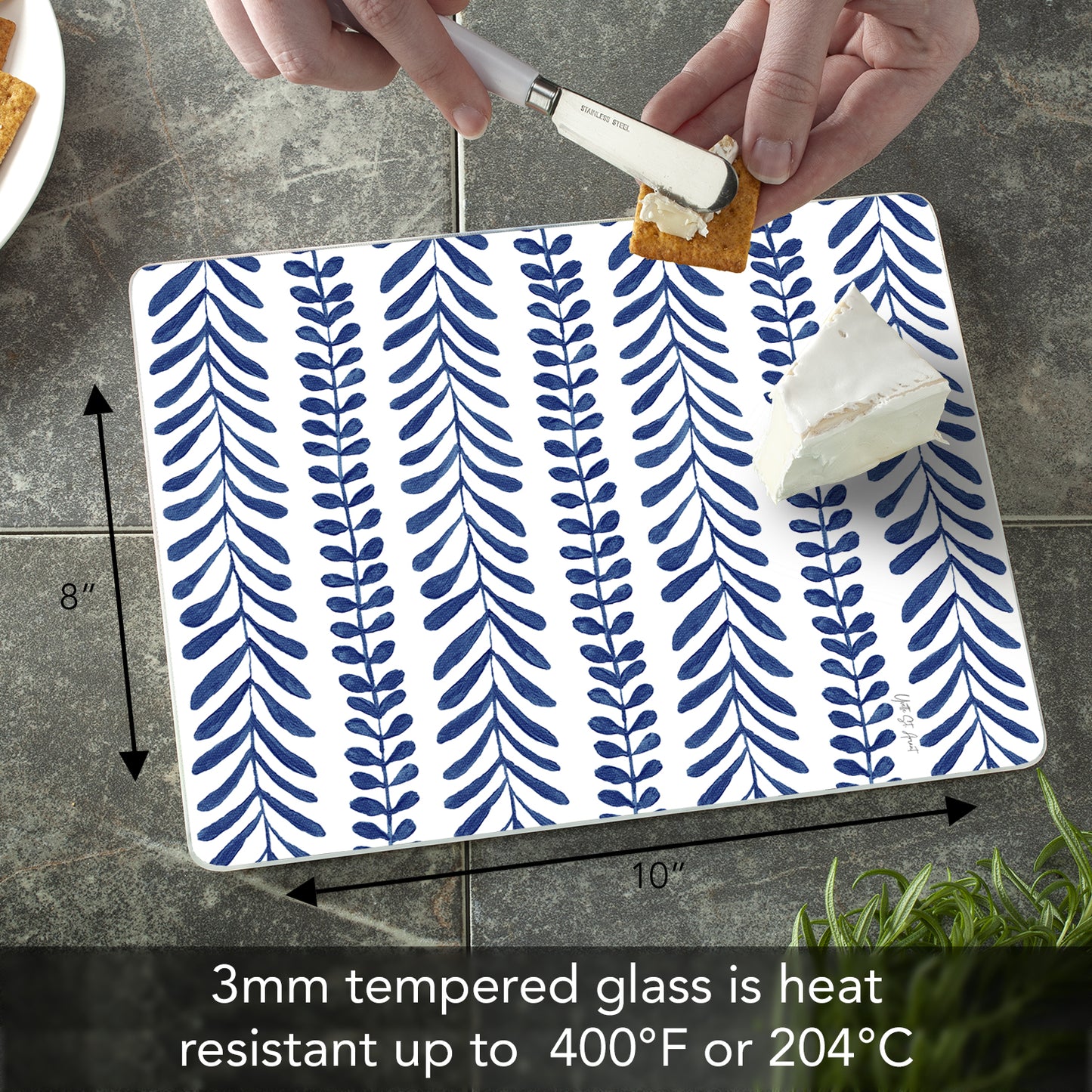 CounterArt Indigo Seaweed 3mm Tempered Glass Cutting Board 10” x 8” Manufactured in the USA