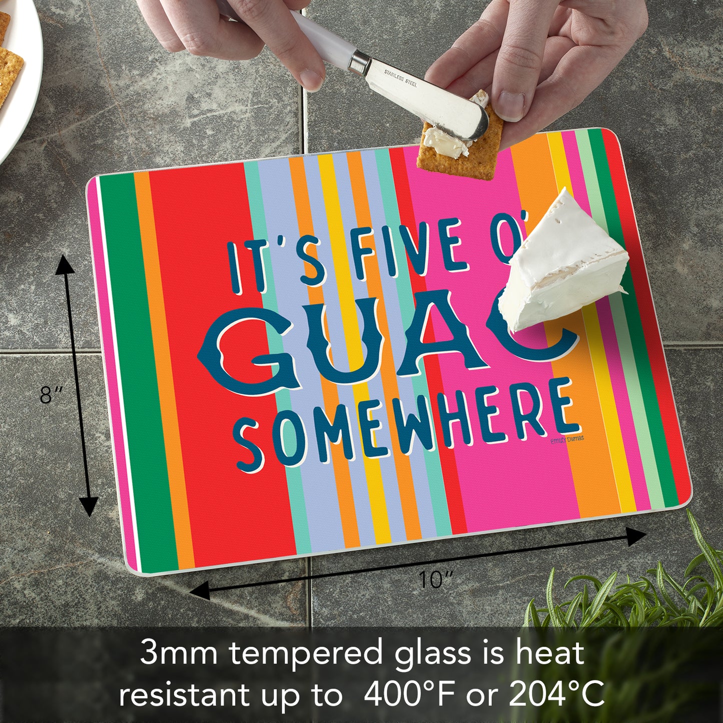 CounterArt Five O' Guac Somewhere 3mm Tempered Glass Cutting Board 10” x 8” Manufactured in the USA