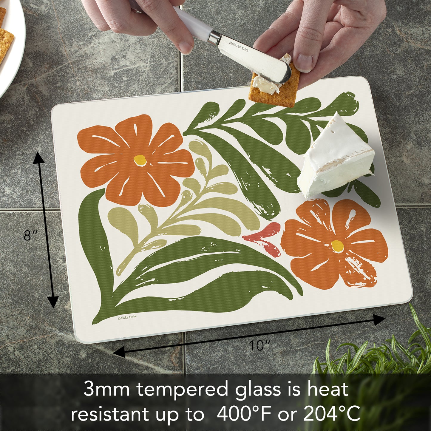 CounterArt Retro Floral 3mm Tempered Glass Cutting Board 10” x 8” Manufactured in the USA