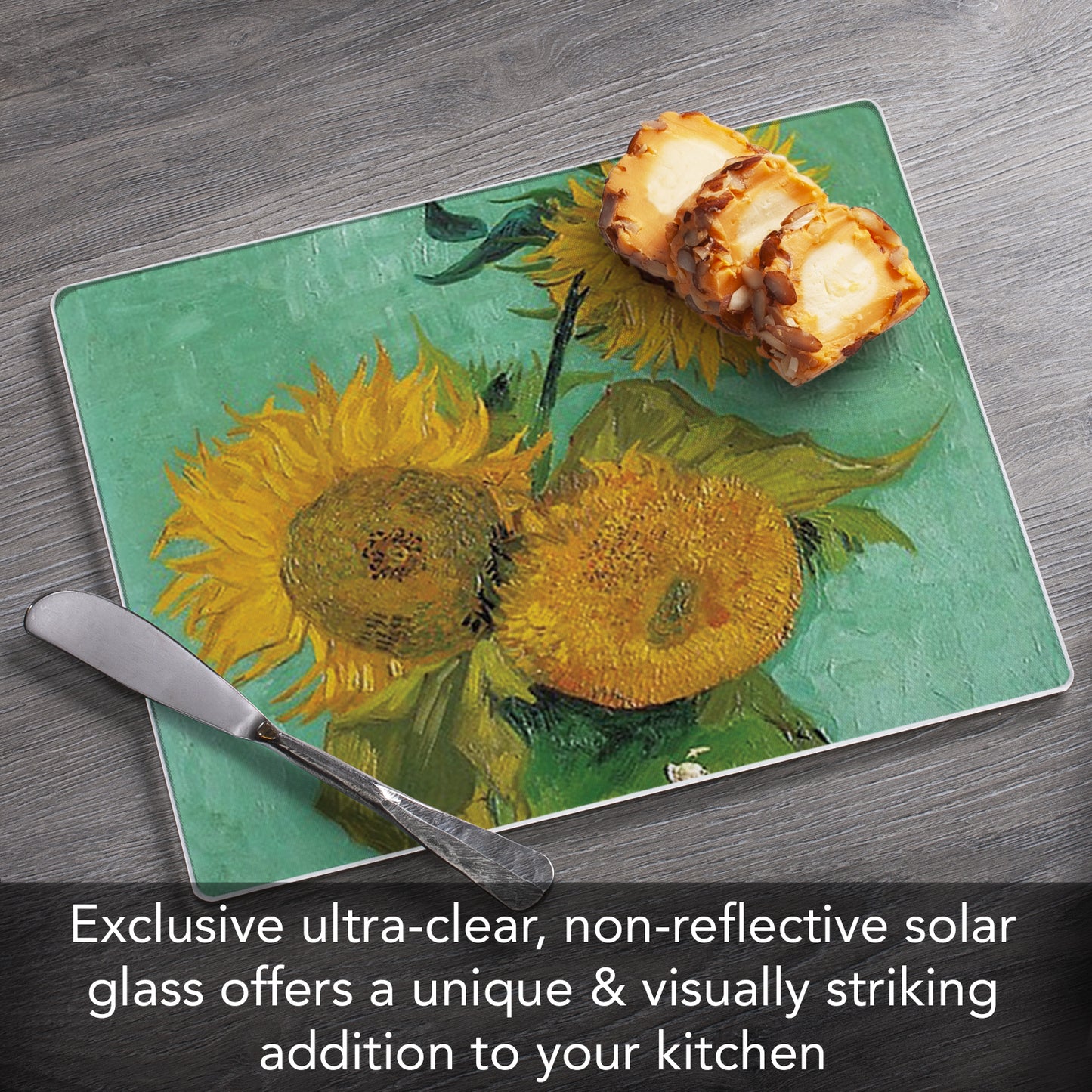 CounterArt Van Gogh Sunflowers 3mm Tempered Glass Cutting Board 10” x 8” Manufactured in the USA