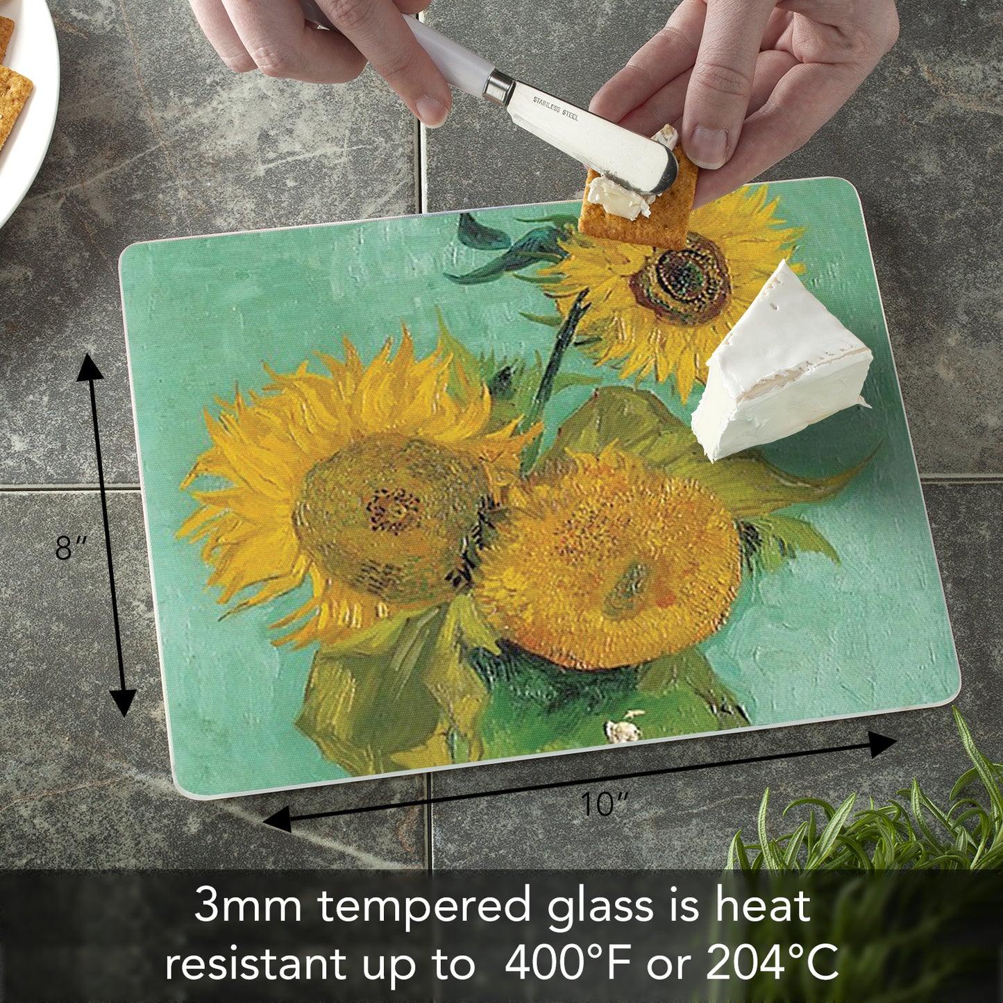 CounterArt Van Gogh Sunflowers 3mm Tempered Glass Cutting Board 10” x 8” Manufactured in the USA