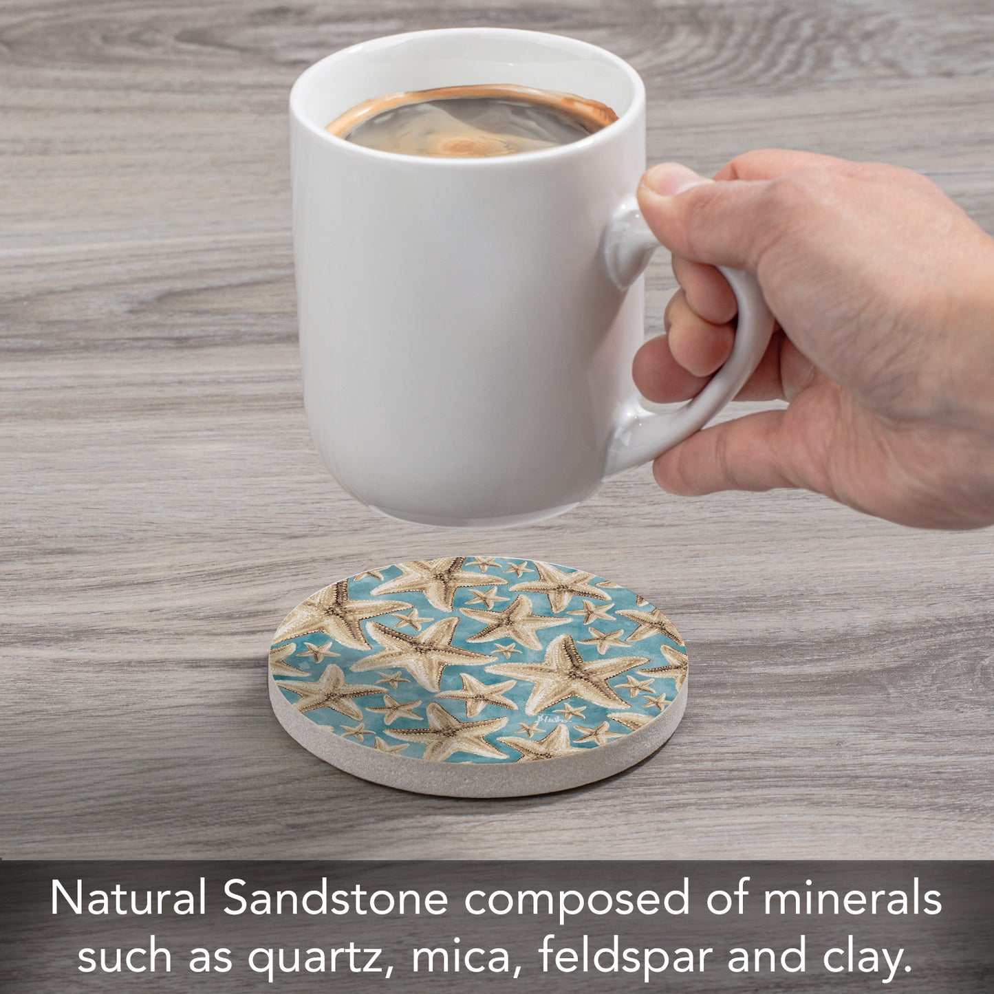 Thirstystone Starfish Galore Single Round Natural Sandstone Coaster with Protective Cork Backing Manufactured in The USA 4" Diameter