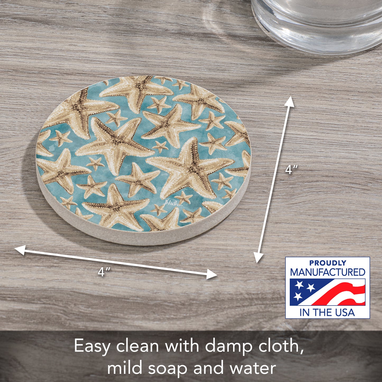 Thirstystone Starfish Galore Single Round Natural Sandstone Coaster with Protective Cork Backing Manufactured in The USA 4" Diameter