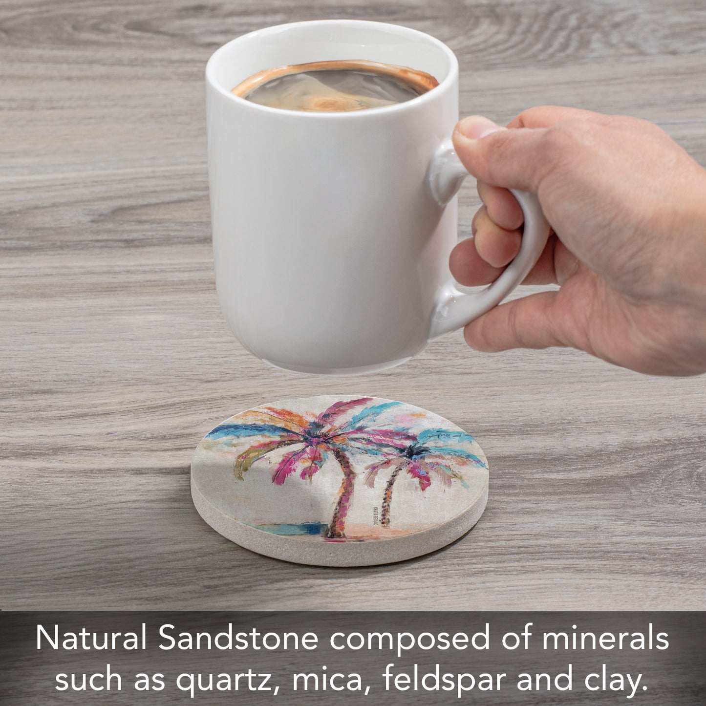 Thirstystone Painted Palms Single Round Natural Sandstone Coaster with Protective Cork Backing Manufactured in The USA 4" Diameter