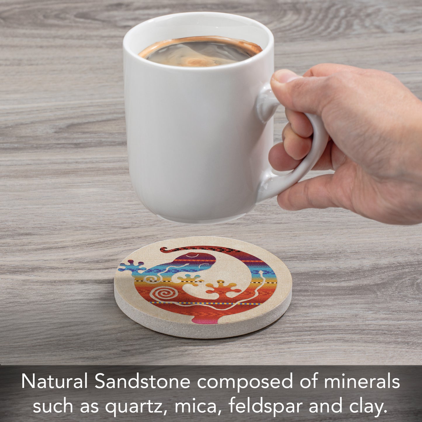 CounterArt Southwest Gecko Single Round Natural Sandstone Coaster with Protective Cork Backing Manufactured in The USA 4" Diameter