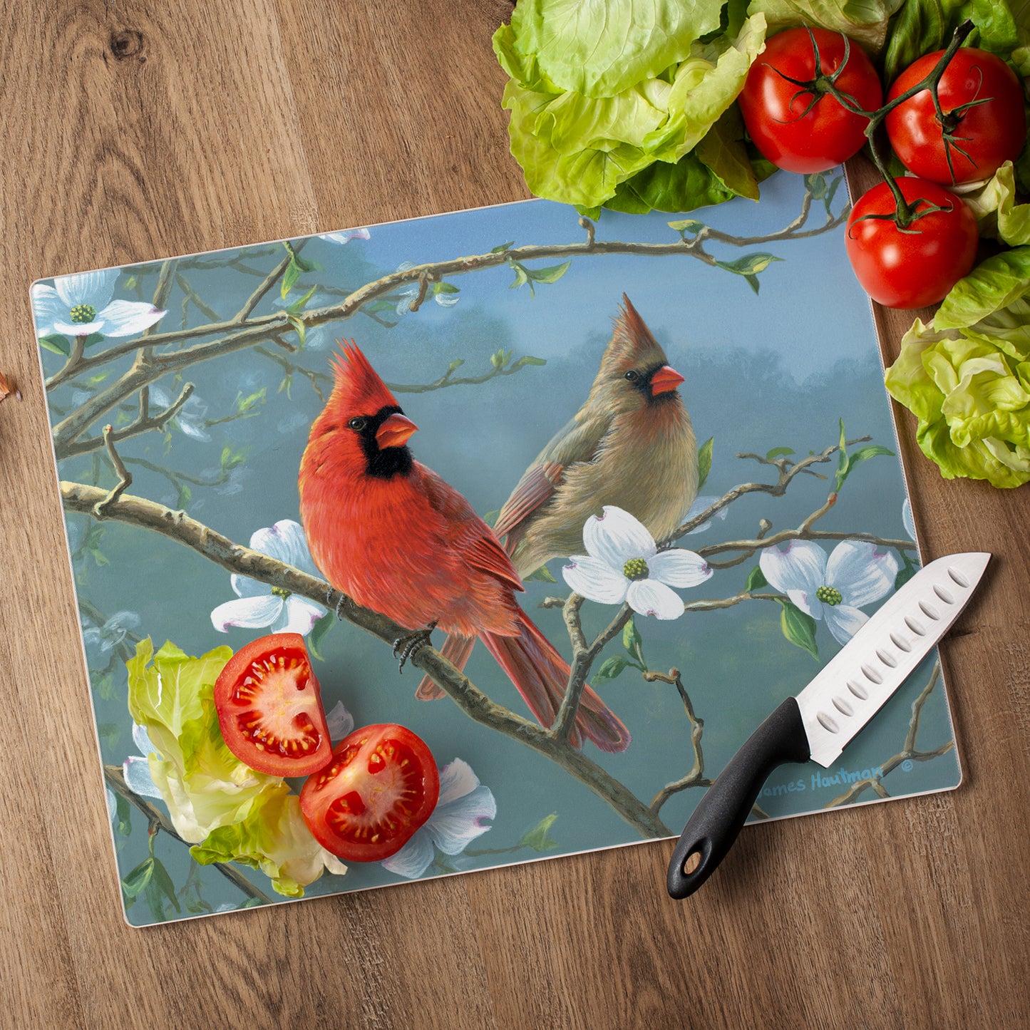 CounterArt Beautiful Songbirds Cardinal 3mm Tempered Glass Cutting Board 15” x 12” Manufactured in the USA