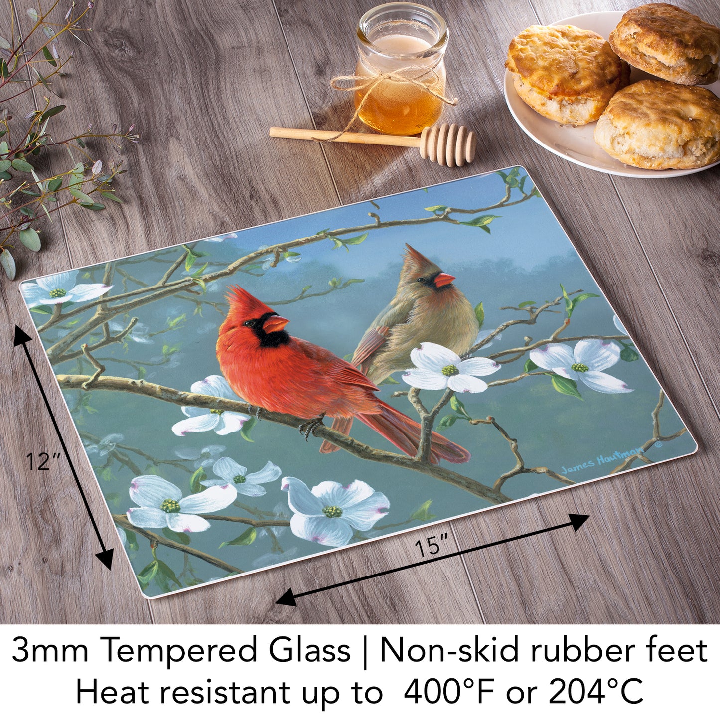 CounterArt Beautiful Songbirds Cardinal 3mm Tempered Glass Cutting Board 15” x 12” Manufactured in the USA