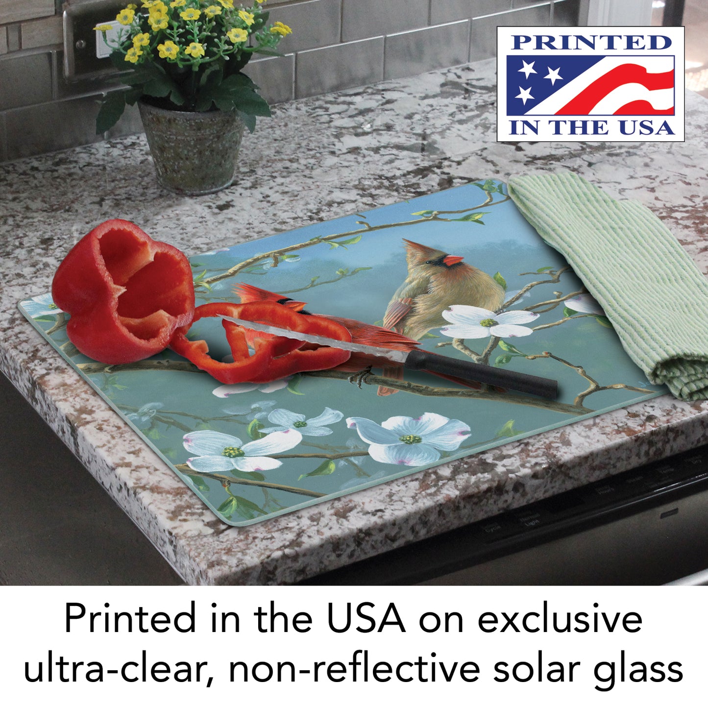 CounterArt Beautiful Songbirds Cardinal 3mm Tempered Glass Cutting Board 15” x 12” Manufactured in the USA
