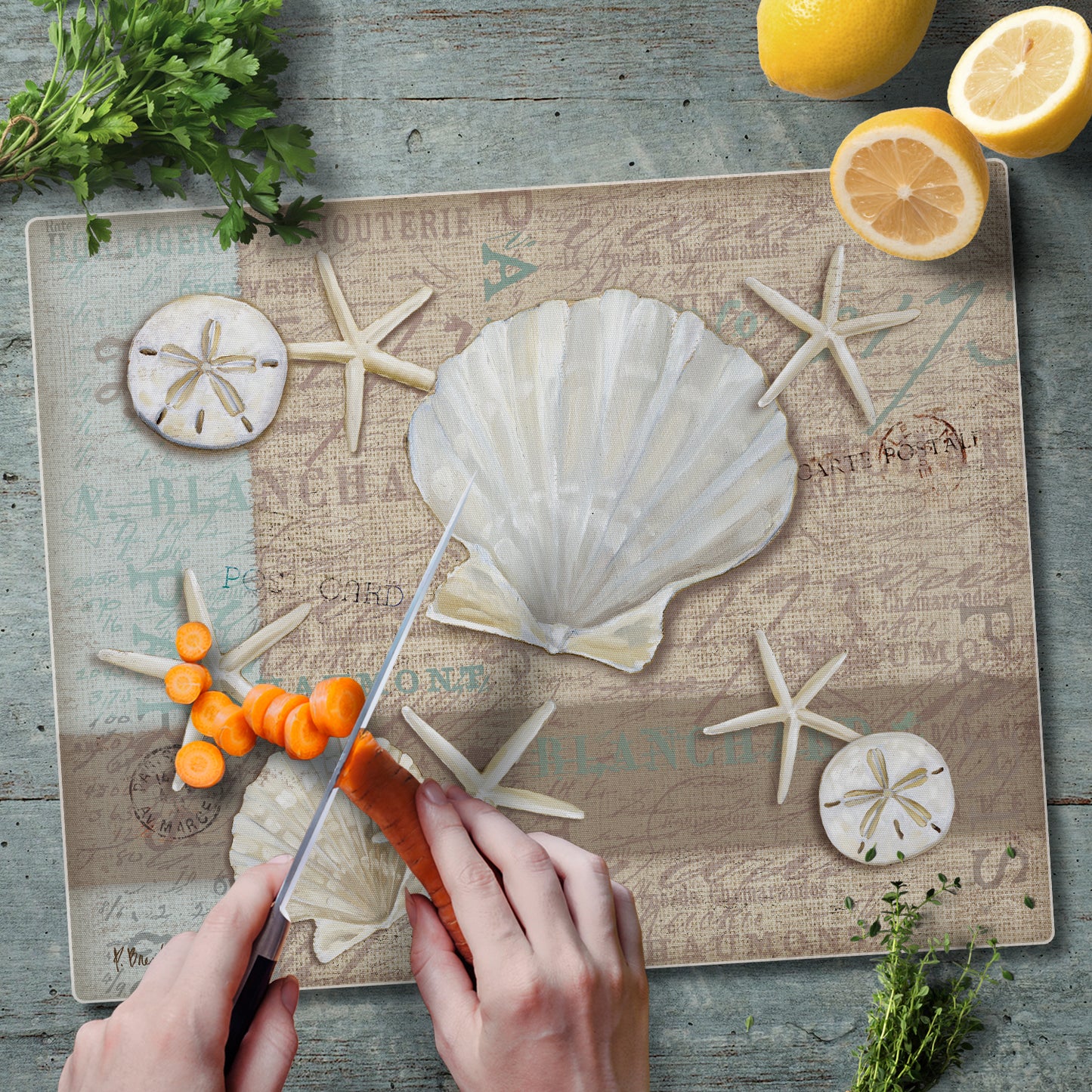 CounterArt Linen Shells 3mm Tempered Glass Cutting Board 15” x 12” Manufactured in the USA