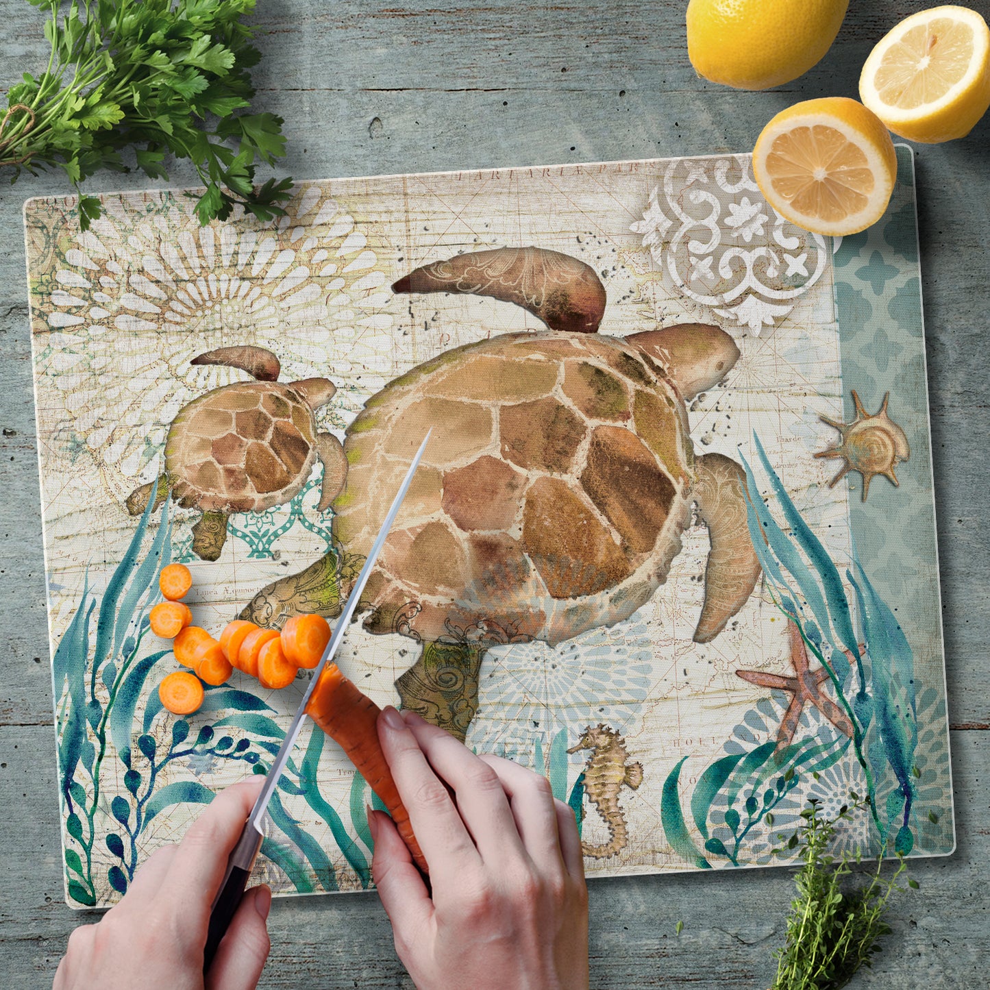 CounterArt Monterey Bay Turtle 3mm Tempered Glass Cutting Board 15" x 12" Manufactured in the USA