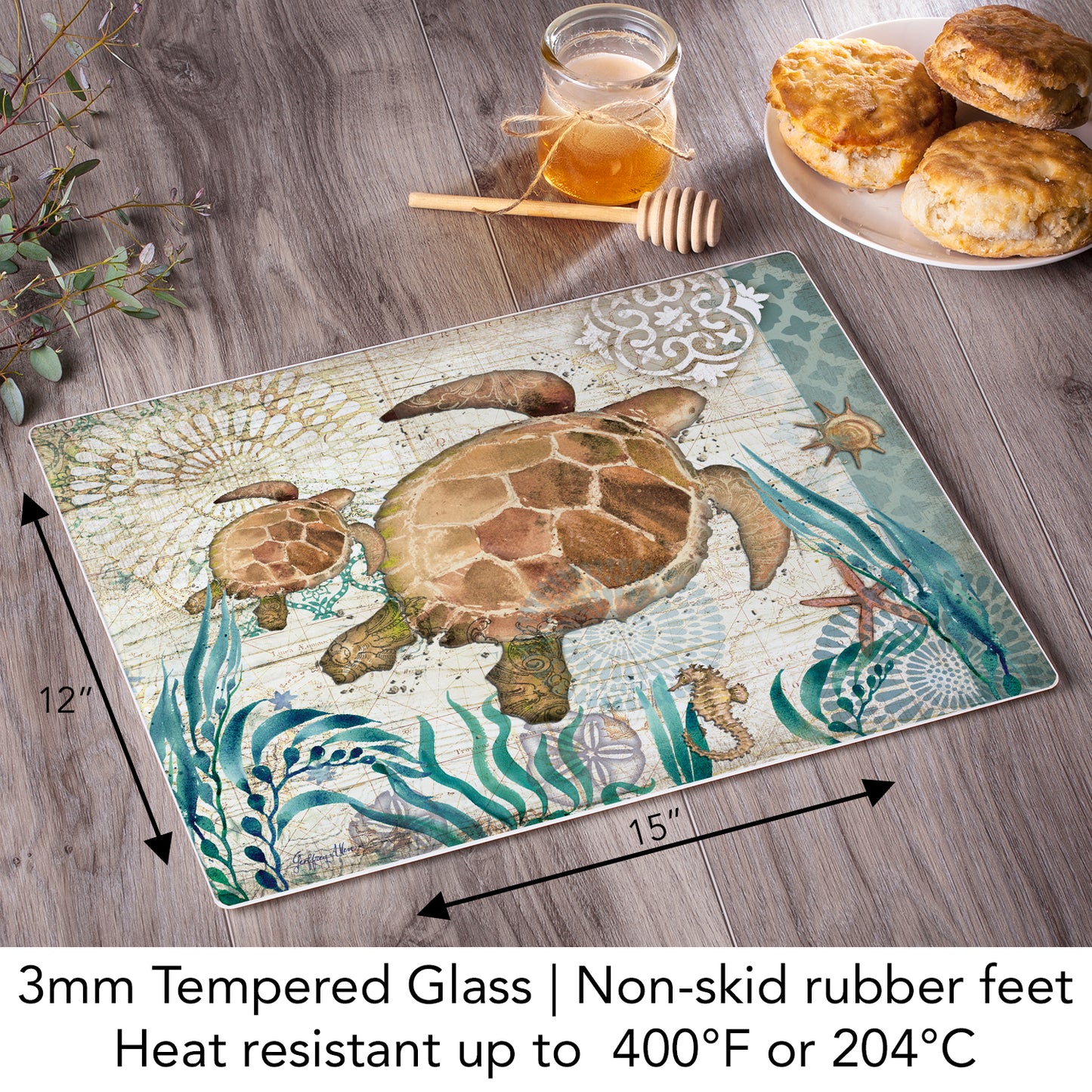 CounterArt Monterey Bay Turtle 3mm Tempered Glass Cutting Board 15" x 12" Manufactured in the USA