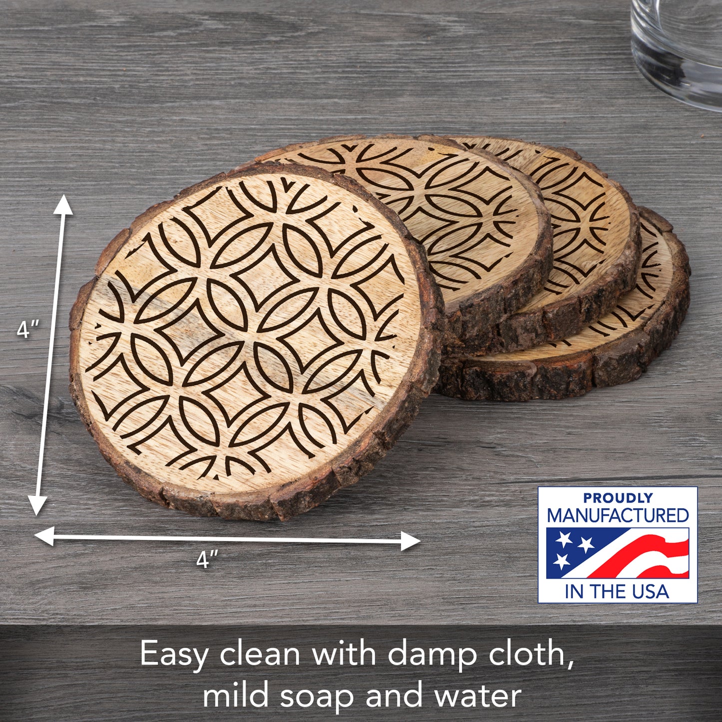 Thirstystone Medallion 4-Pack Mango Wood Coasters with Bark Edges 4.5" Round Manufactured in The USA
