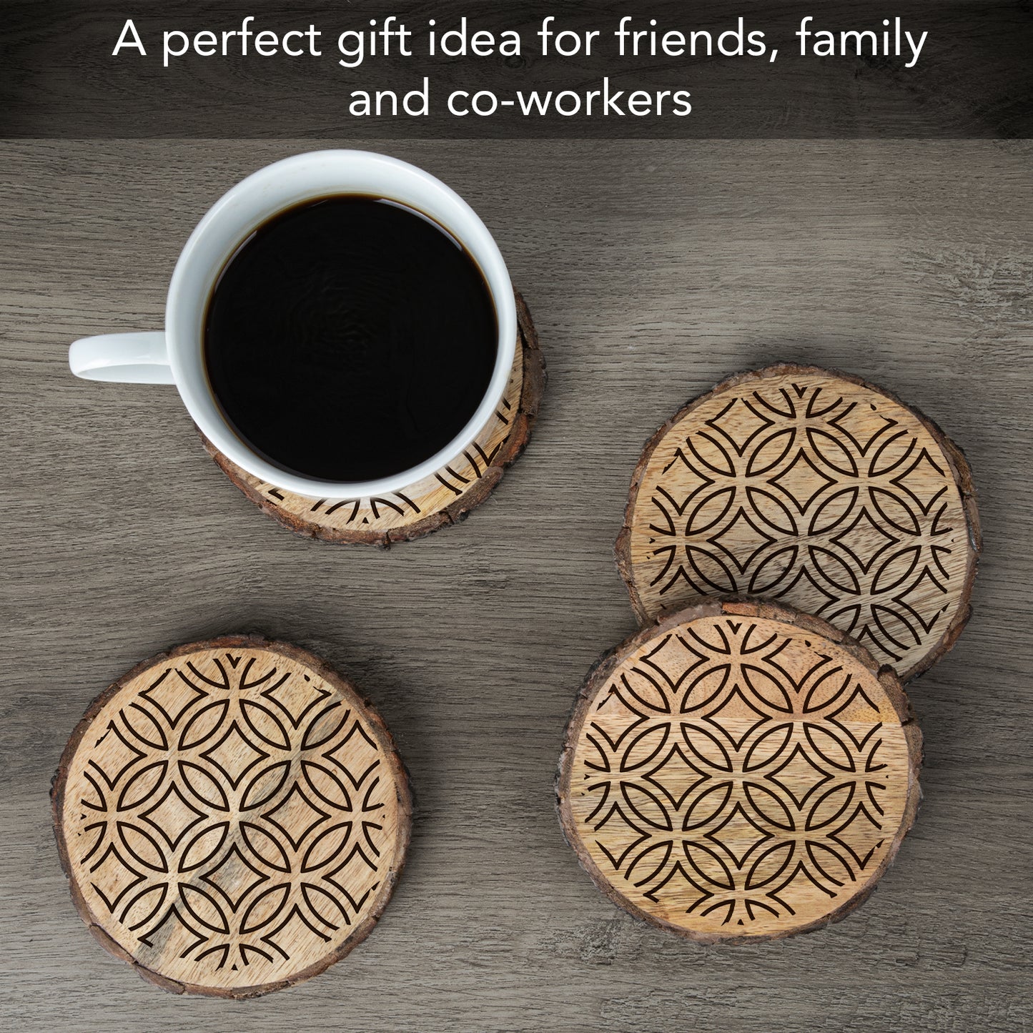 Thirstystone Medallion 4-Pack Mango Wood Coasters with Bark Edges 4.5" Round Manufactured in The USA